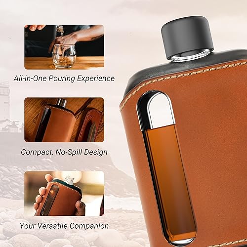 Miniatura 6 de Ragproper Moderno frasco de cristal de la cadera  Termo cubierto de cuero duradero para whisky, licores y otros licores  Frasco de vidrio ideal para