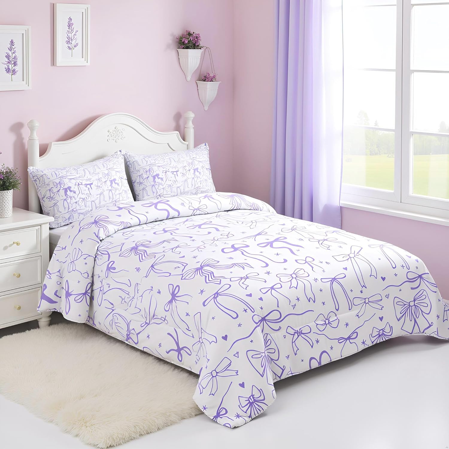 Castle Fairy Purple Bow Comforter Set Twin Size, Cartoon Bow Bedding Set, Kawaii Princess Style Stars Love Bowknot Quilt Set for Kids Girls Women Teens Room Decor,Romantic Duvet Insert,1 Pillowcase