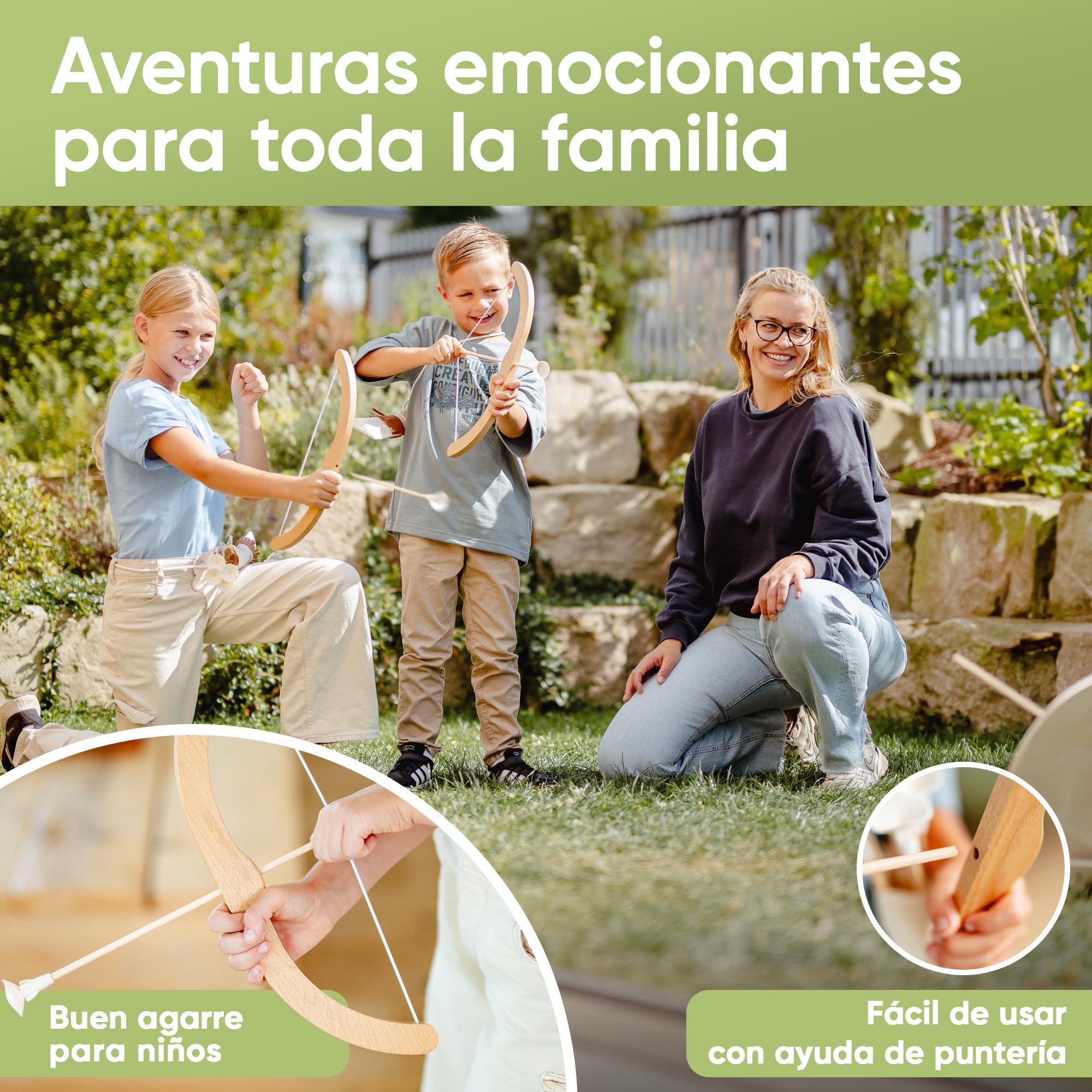 BOWRILLA® Juego de tiro con arco para niños con 6 flechas y diana de madera, ideal para interior y exterior a partir de 3 años
