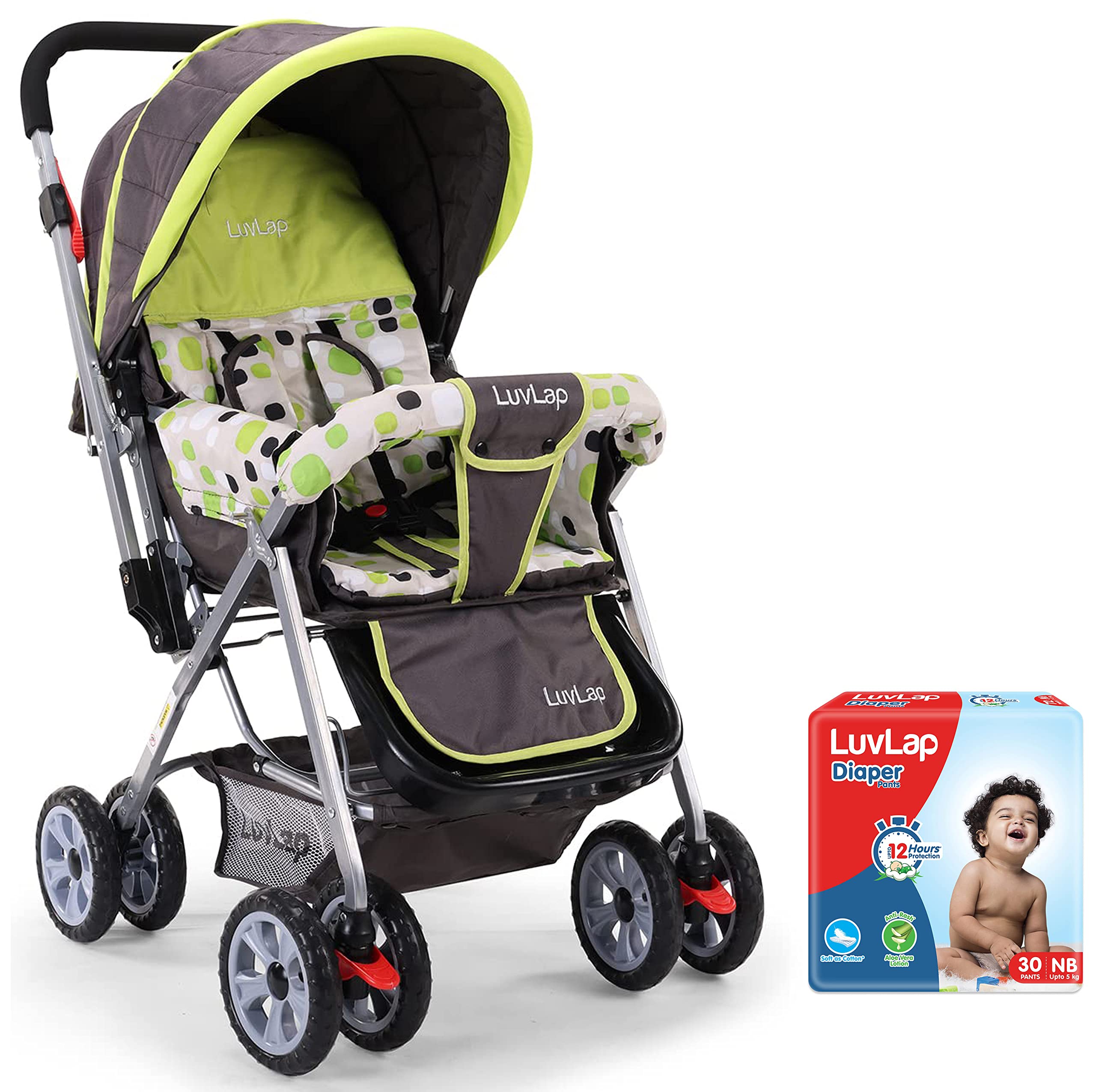 LuvLap Sunshine Stroller/Pram, Easy Fold, for Newborn Baby/Kids, 0-3 Years (Light Green) & Baby Diaper Pants New Born Size (NB), Pack of 30 Count, for Babies of Upto 5Kg, Extra Small (XS)-image-49