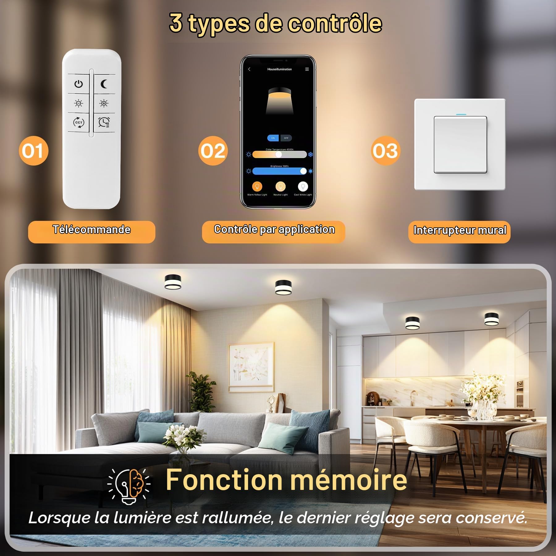 4x Spot LED Surface Dimmable, IP65 Plafonnier Spot avec Télécommande APP, 12W Spots de Plafond Noir 2700K-6500K Spot Plat Surface Aluminium 220V Rond Plafonnier Salle de Bain, Ø109mm