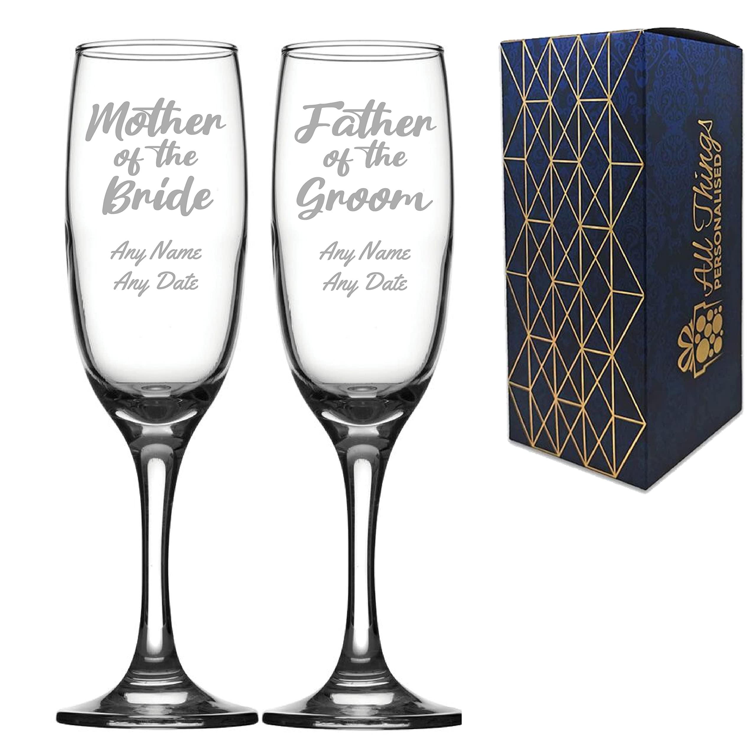 Personalised Engraved Wedding Champagne Set of Two, Mother and Father of the Bride or Groom, Any Date and Message, 7.5oz/221ml Imperial Flute, Script Font