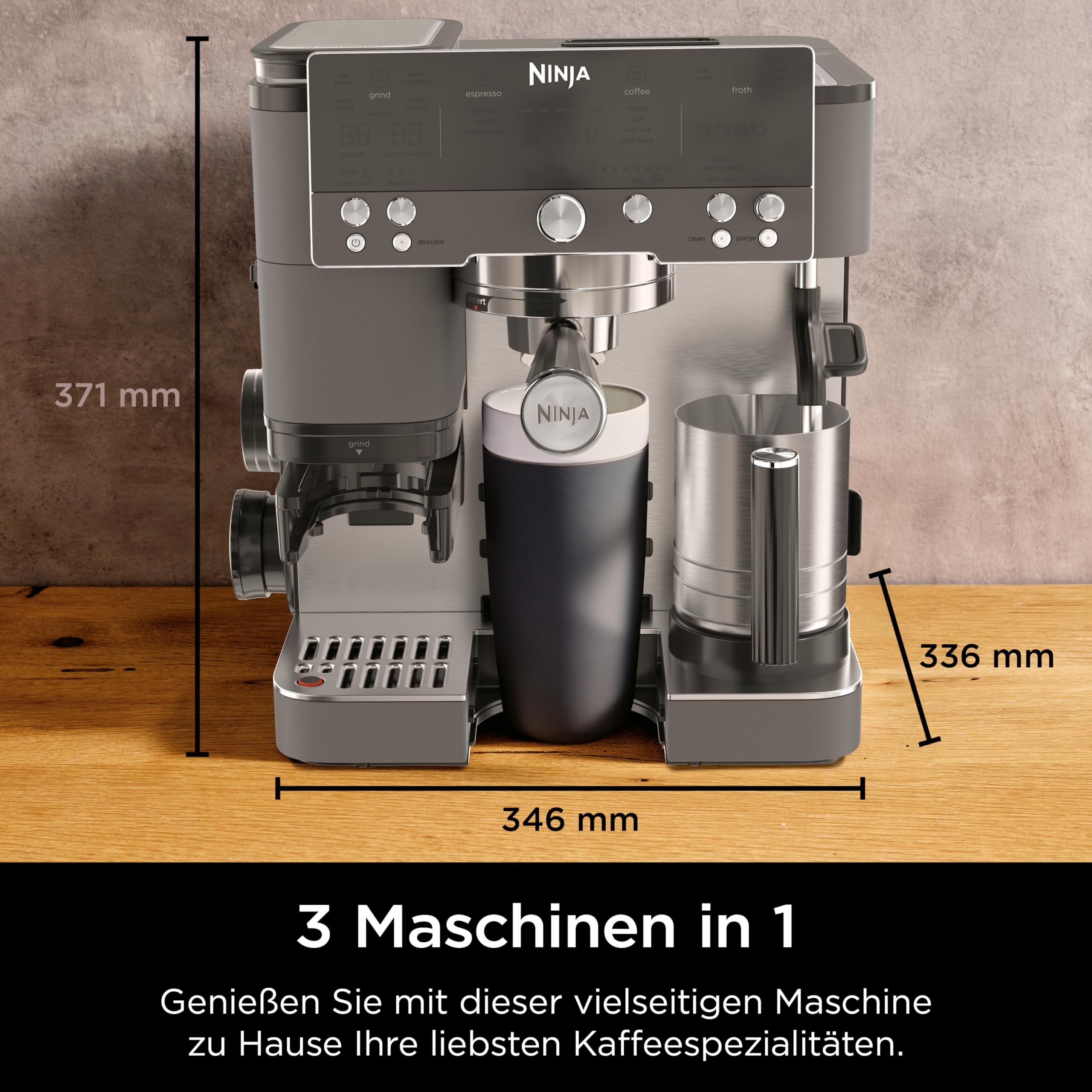 Ninja Luxe Premier 3-in-1 Kaffeemaschine für Espresso, Cold Brew & Filterkaffee, 4 Schaumeinstellungen, Grau-Metall