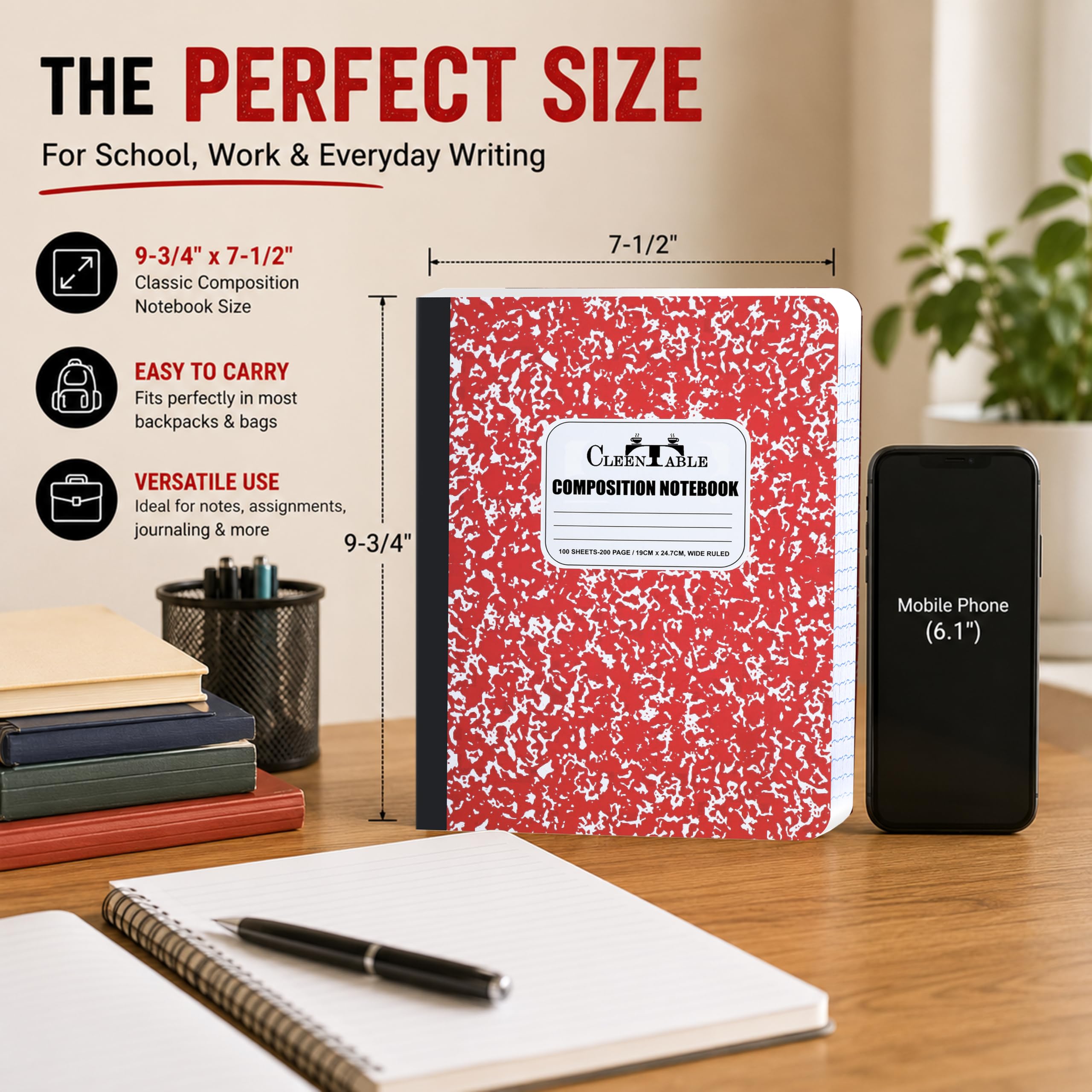 CLEENTABLE Lot de 8 carnets de composition en papier ligné pour l'école, carnet de notes scolaire, 24,5 x 18,5 cm, 100 feuilles, 200 pages, couverture marbrée – Rouge
