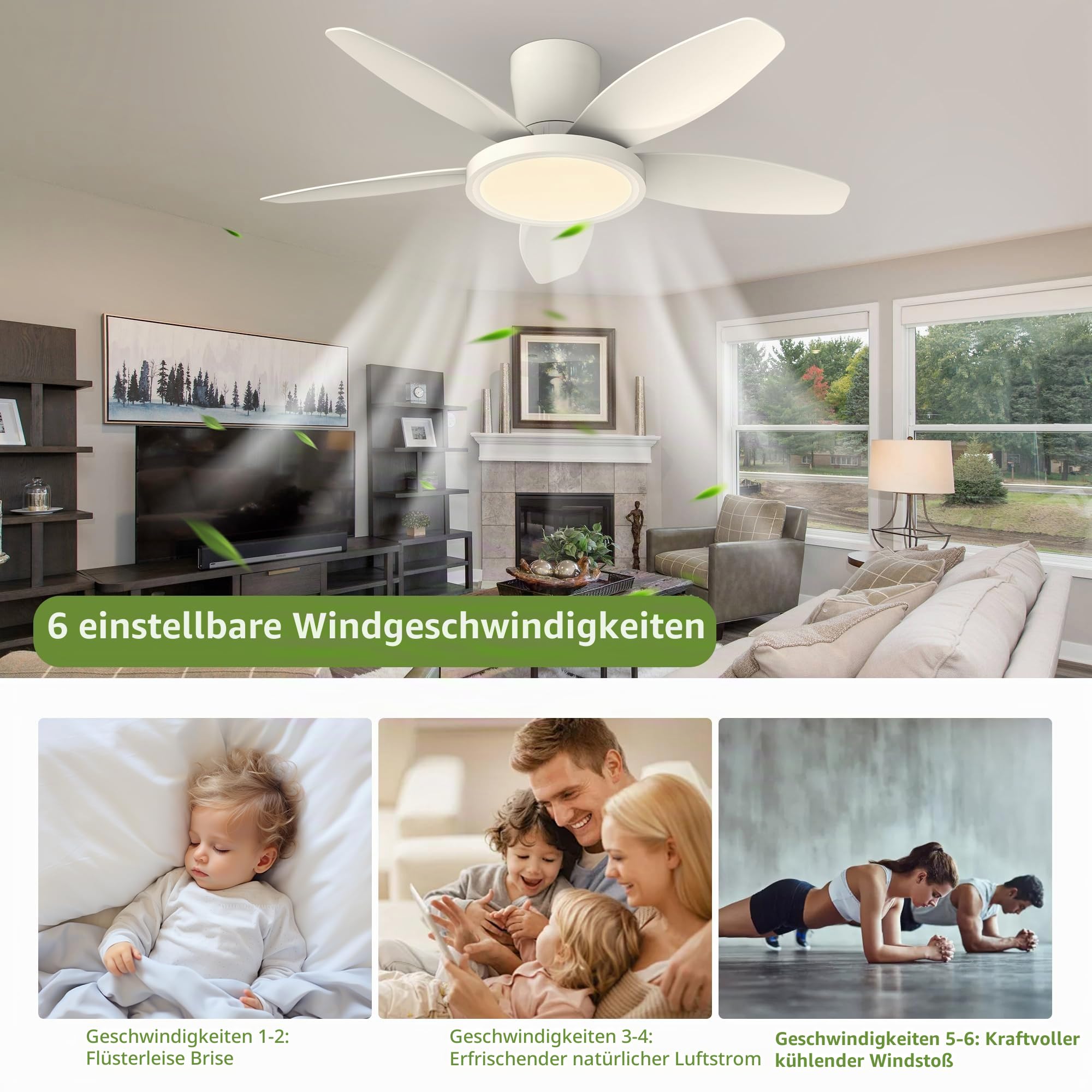 Qcyuui Deckenventilator mit Beleuchtung 106cm Weiß LED Deckenleuchte, Deckenventilator mit Fernbedienung für Wohnzimmer Schlafzimmer Küche