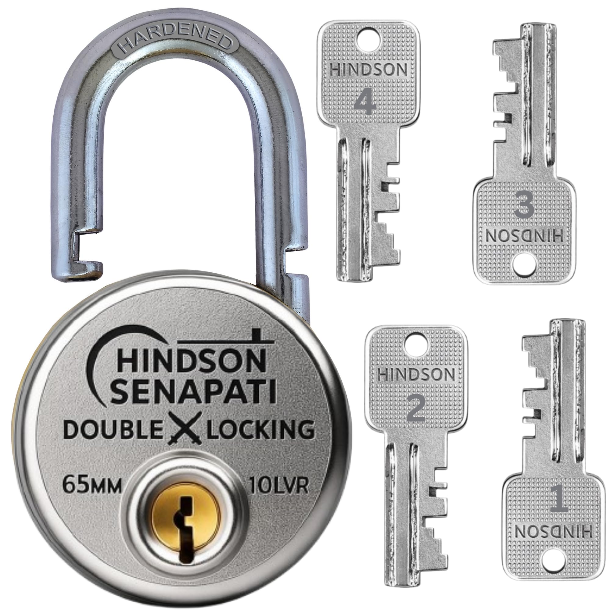 HINDSON 4 Locking Heavy Duty Padlock | Lock MAX 74 | 9 Lever Steel Lock & Key | Chrome Finish Big Size 610g Approx Padlock with 4 Keys for Home, Gate & Shutter Security — Amazon image 10