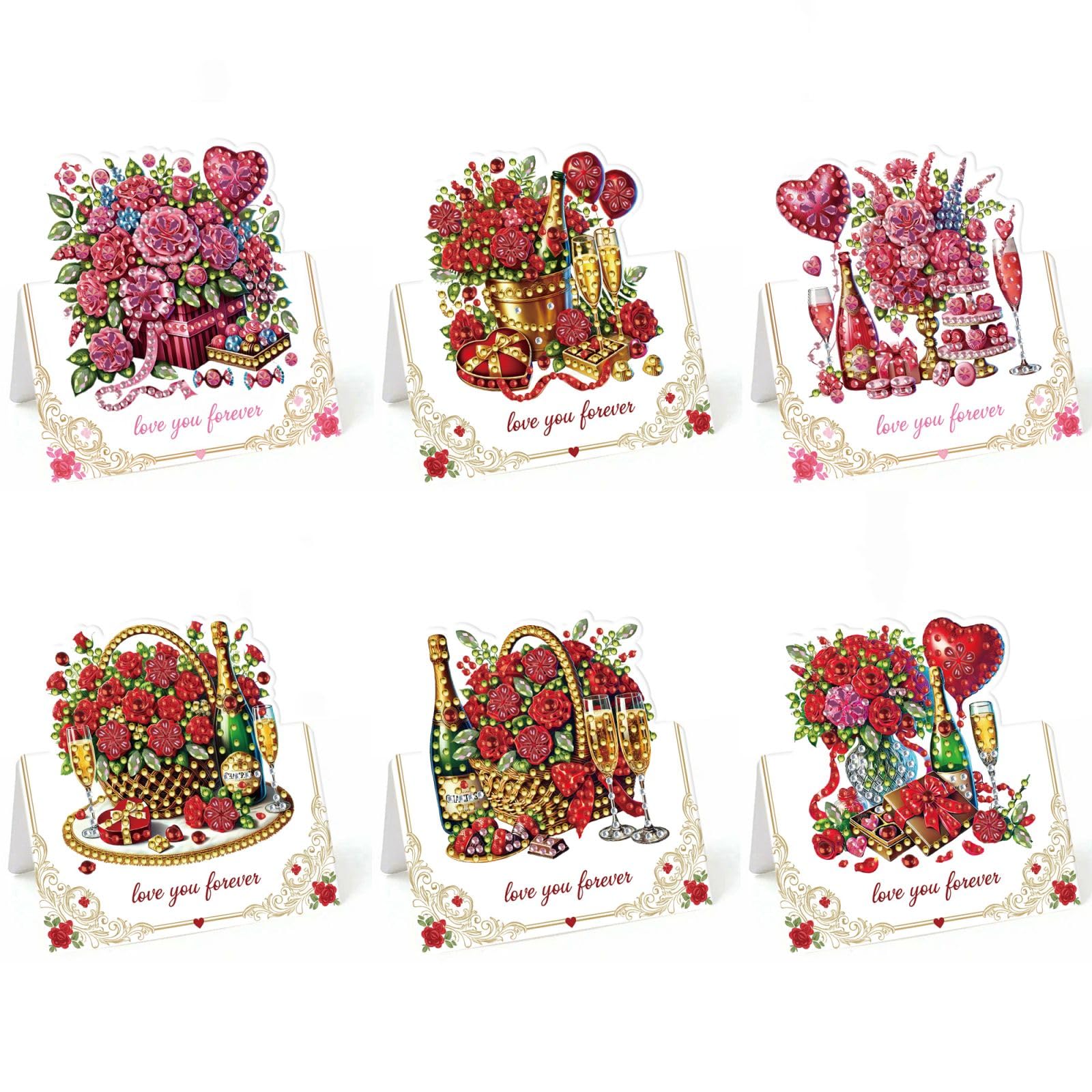 Lebartm 6Pcs 3D Foldable Greeting Card Valentine's Day DIY Diamond Art Painting Folding Thank You Cards with White Envelopes Blessing Greeting Card Set for Festival Holiday-Champagne