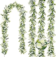 HIAGROW 6FT Eucalyptus Garland with Flowers, 4-Pack Artificial Greenery for Wedding Backdrop, Table Runner, Party Arch - UV Protected Indoor Outdoor Decor