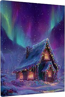 Cottage Canvas Kitchen Wall Art, Winter Fanciful Snow Aurora Winter Violet Wall Paintings Prints Hanging Art Dining Room Breakfast Nook Restaurant Decor 16x20 Inch