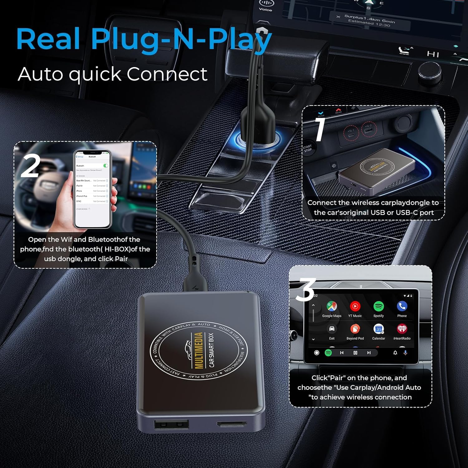 Kabelloser CarPlay Adapter, 3-in-1 AI Box für CarPlay/Android Auto/Video, Plug & Play, integriertes Netflix & YouTube, kompatibel mit werksseitig kabelgebundenem CarPlay & Android Auto