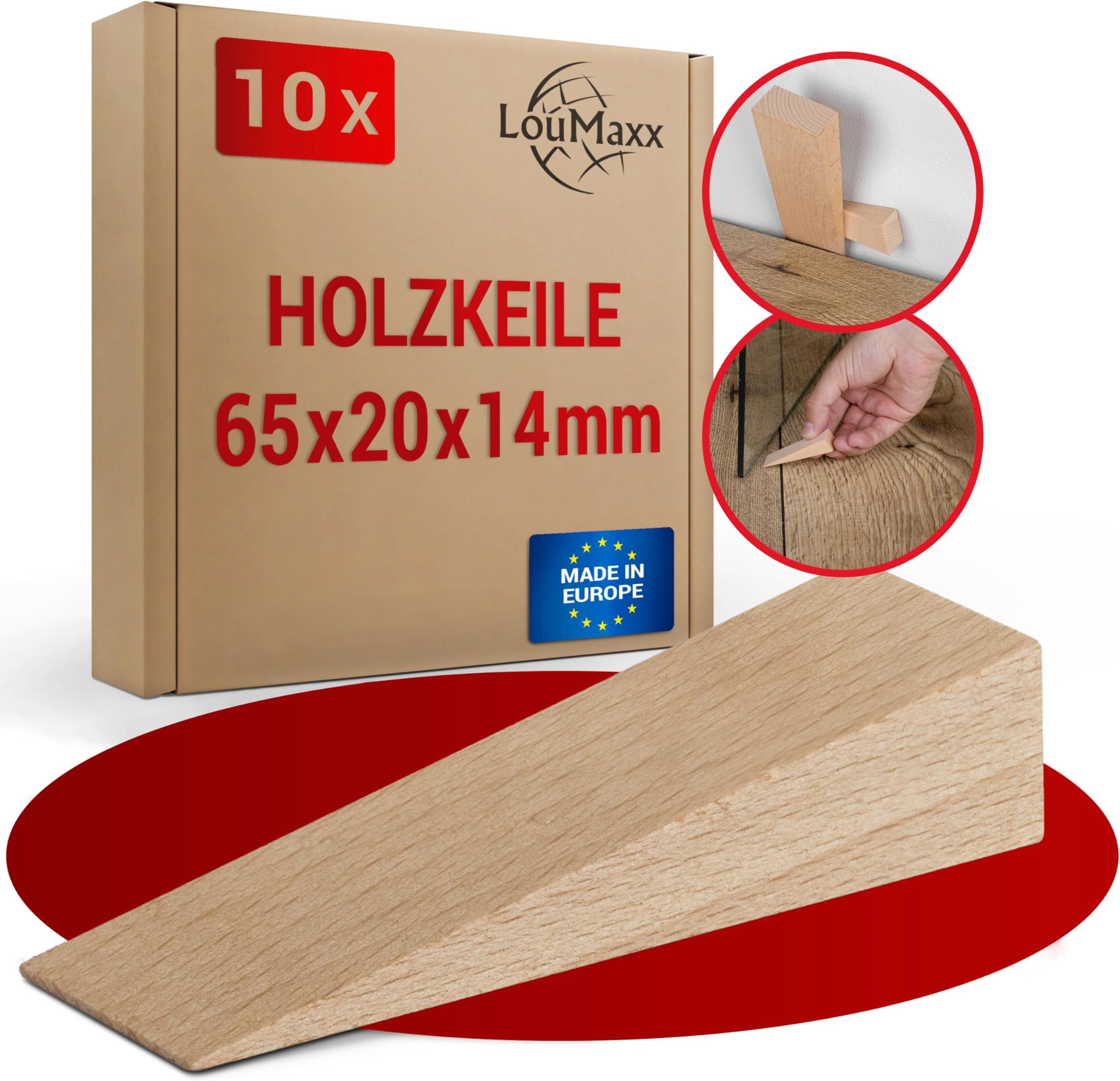 LouMaxx Set of 10 Wooden Wedges Small Made of Natural Beech - Wooden Wedges 65 x 20 x 14 mm - Robust Hardwood Wedges as Door Wedge Wood, Mounting Wedges & Laying Wedges - Wooden Wedge Made in Europe -