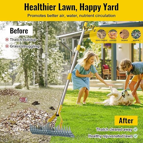 Miniatura 7 de Rastrillo 2 en 1 rastrillo de jardín de acero inoxidable para hojas, paja, 55 pulgadas, resistente, 19 púas para césped manual con cabeza ajustable,