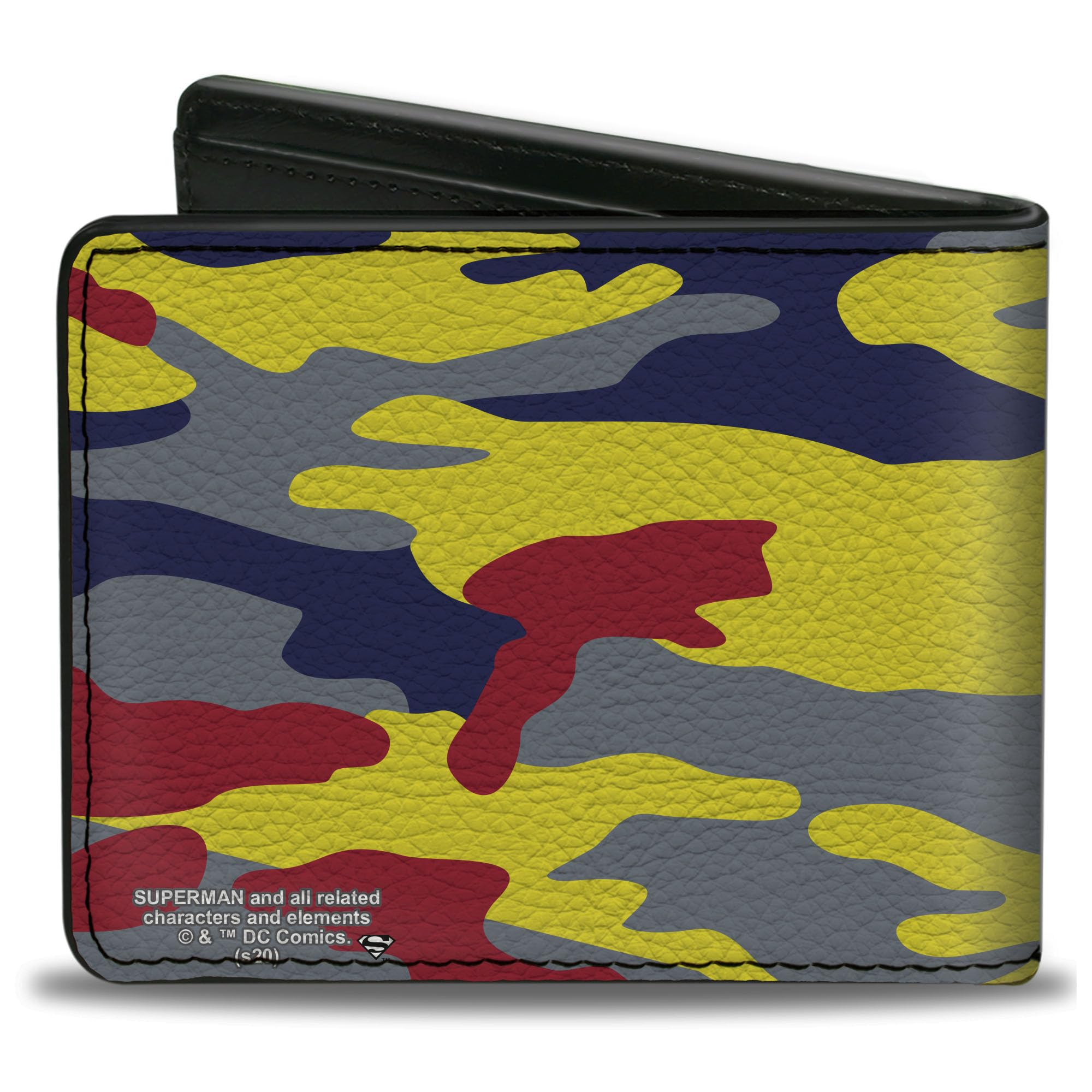 Buckle-Down Men's DC Comics Wallet, Bifold, Superman Shield Camo Yellow Gray Blue Red, Vegan Leather, 4.0