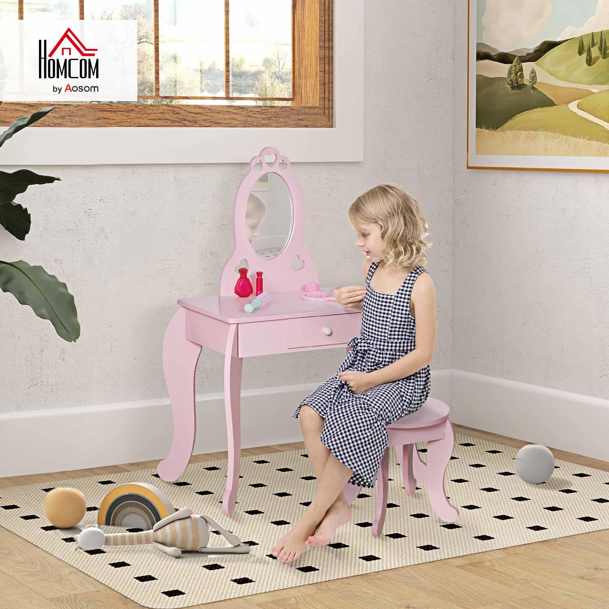 HOMCOM Toeletta Trucco Bambina con Sgabello in Legno, Postazione Trucco Bambina, Tavolo Trucco per Bambini 3-6 Anni con Specchio e Cassetto, Rosa