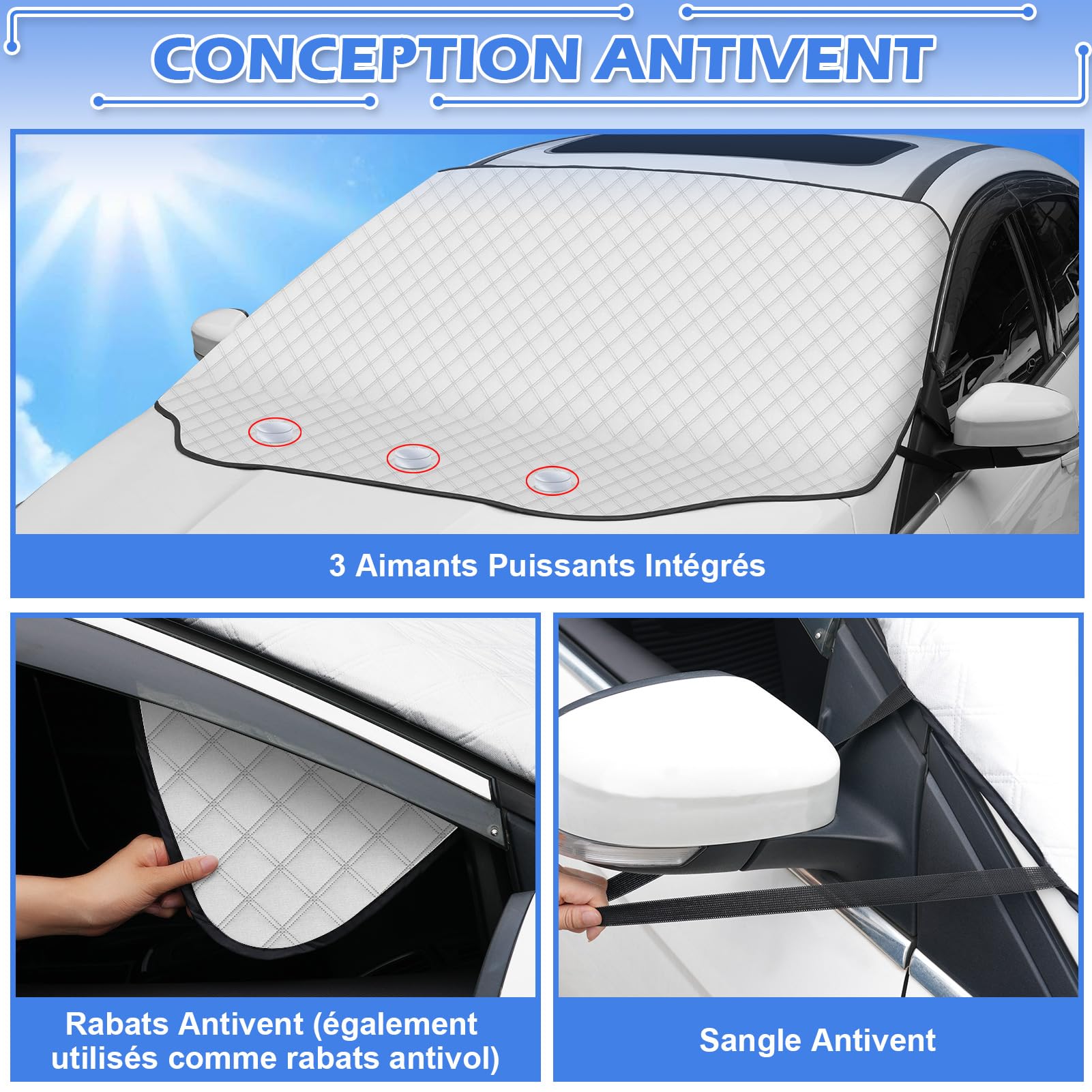 Tevlaphee Pare Soleil Voiture Pare Brise Avant, Protection Avant Parfaite Contre Les Rayons UV et la Chaleur dans Votre Voiture,Magnétique, Pliable, Universelle, Argenté, 197 * 128 cm