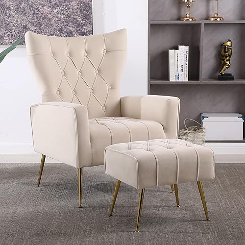 Miniatura 8 de Silla decorativa moderna de terciopelo con otomana, elegante sillón con respaldo de ala con patas de metal dorado, cómodo sofá tapizado individual