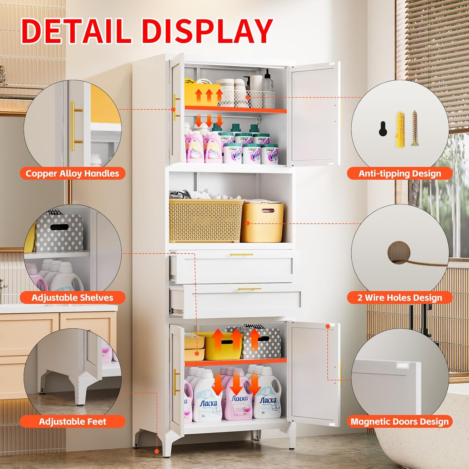 75" Tall Metal Storage Cabinet,Pantry Storage Cabinet with 2 Drawers and Open Space,Kitchen Cupboard with Adjustable Shelves,Multi-Functional Cabinet for Living Room,Bathroom,Garage (White)