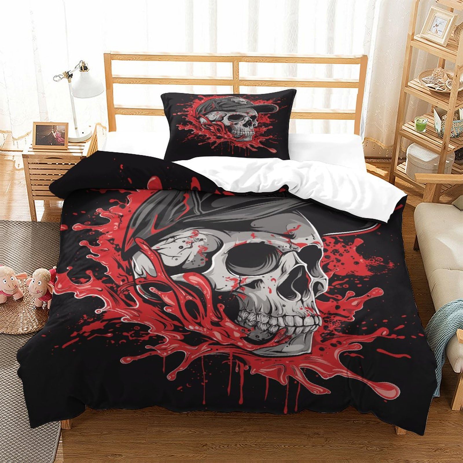 P1s9u7w5y Ghost Splash 3D Printed Gothic Skull Duvet Cover Set 3Pcs Microfiber Dark Skull Bedding Set Single（135X200cm）