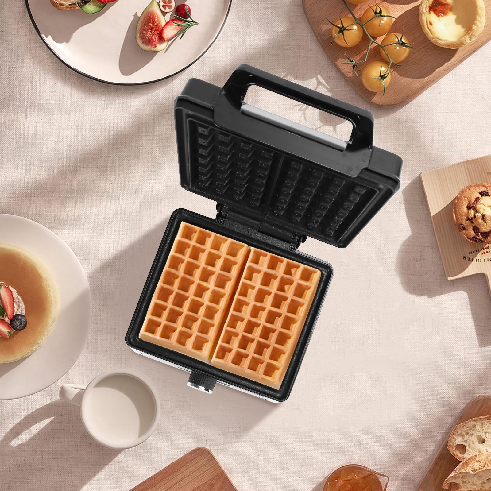 Aigostar Waffeleisen für 2 belgische Waffeln, 1600W, Antihaftbeschichtung, 20,2x17,2x2 cm, Waffelautomat mit einstellbarer Temperatur, LED-Anzeige, kompaktes Edelstahl-Design, BPA und PFOA frei