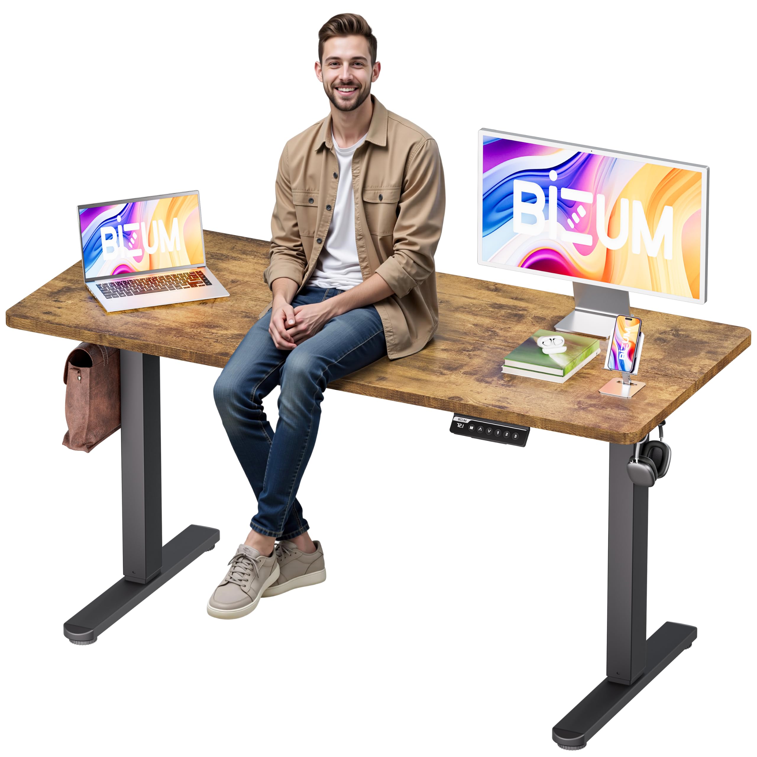 BIZUM Electric Standing Desk 140x60cm Gaming Desk 3 Memory with Splice Board, 70–115cm Lift, 2 Hooks, 80kg Load, Computer Workstation, Rustic Brown — image 1