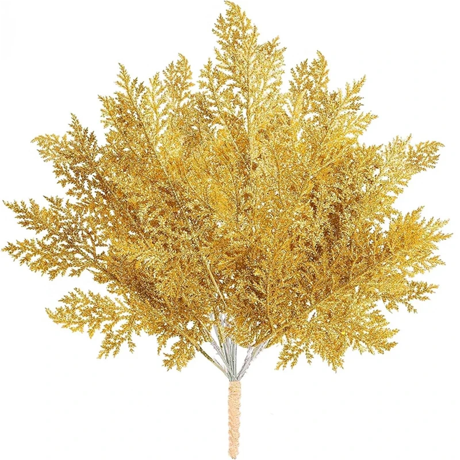 TGDGFKIAS Artificial Pine Branches, Christmas Glitter Artificial Pine Needles Gold Sequin Leaves Pack Of 15 Multicolor Decor(Onecolor)