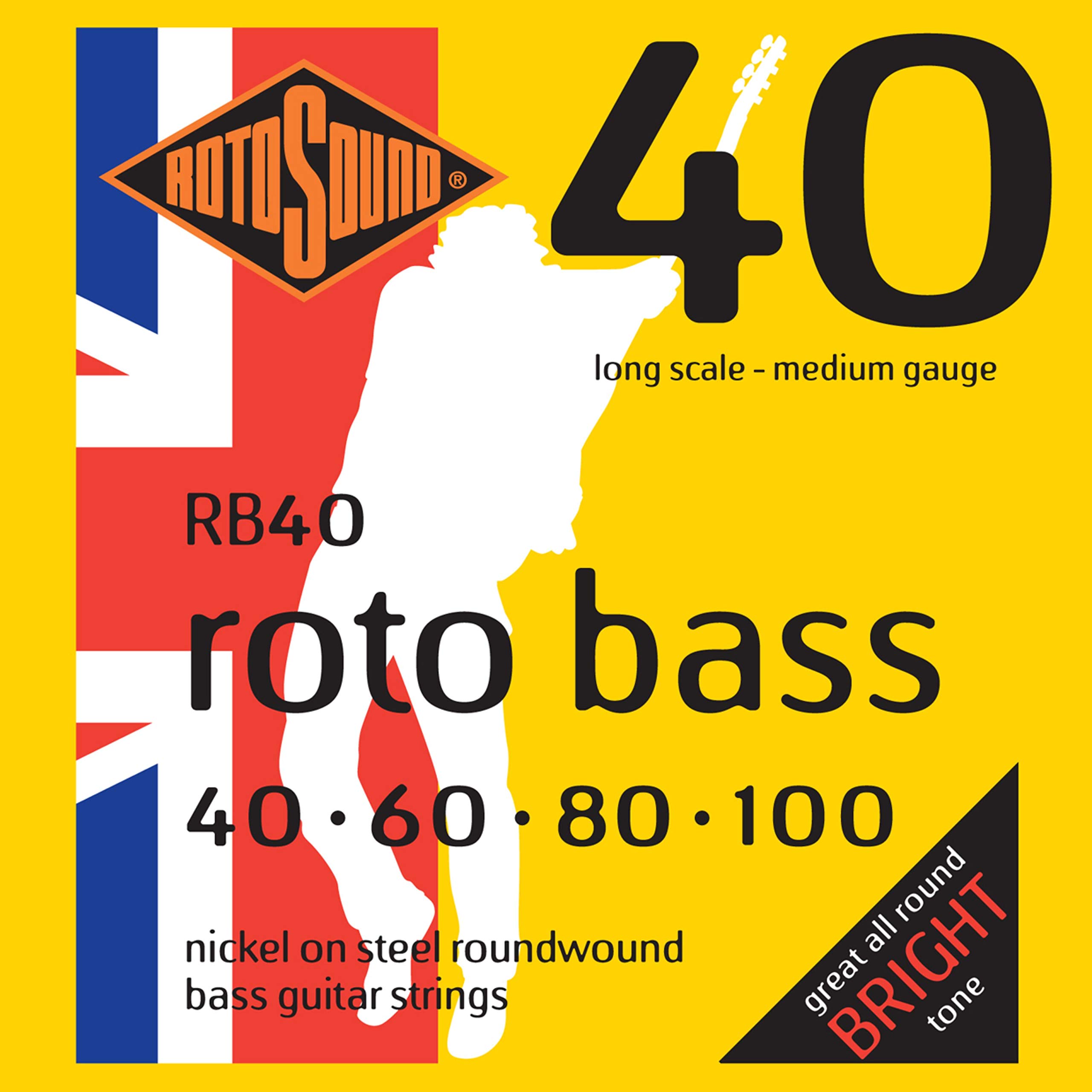Rotosound Nickel Medium Gauge Roundwound Bass Strings (40 60 80 100), RB40,White Black Red Blue,Small Medium Large X-Large 2X-Large