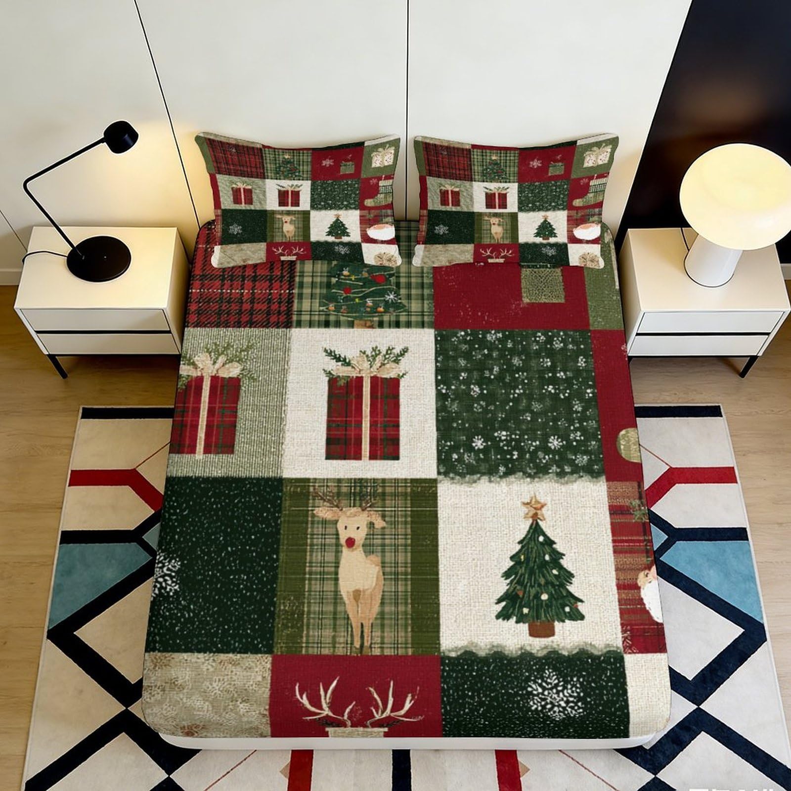 3D Printed Christmas Patchwork Microfiber Fitted Sheet Deep Pocket Non-Slip Xmas Tree Mattress Fitted Cover Elastic Hem Bedroom 120x200x25cm