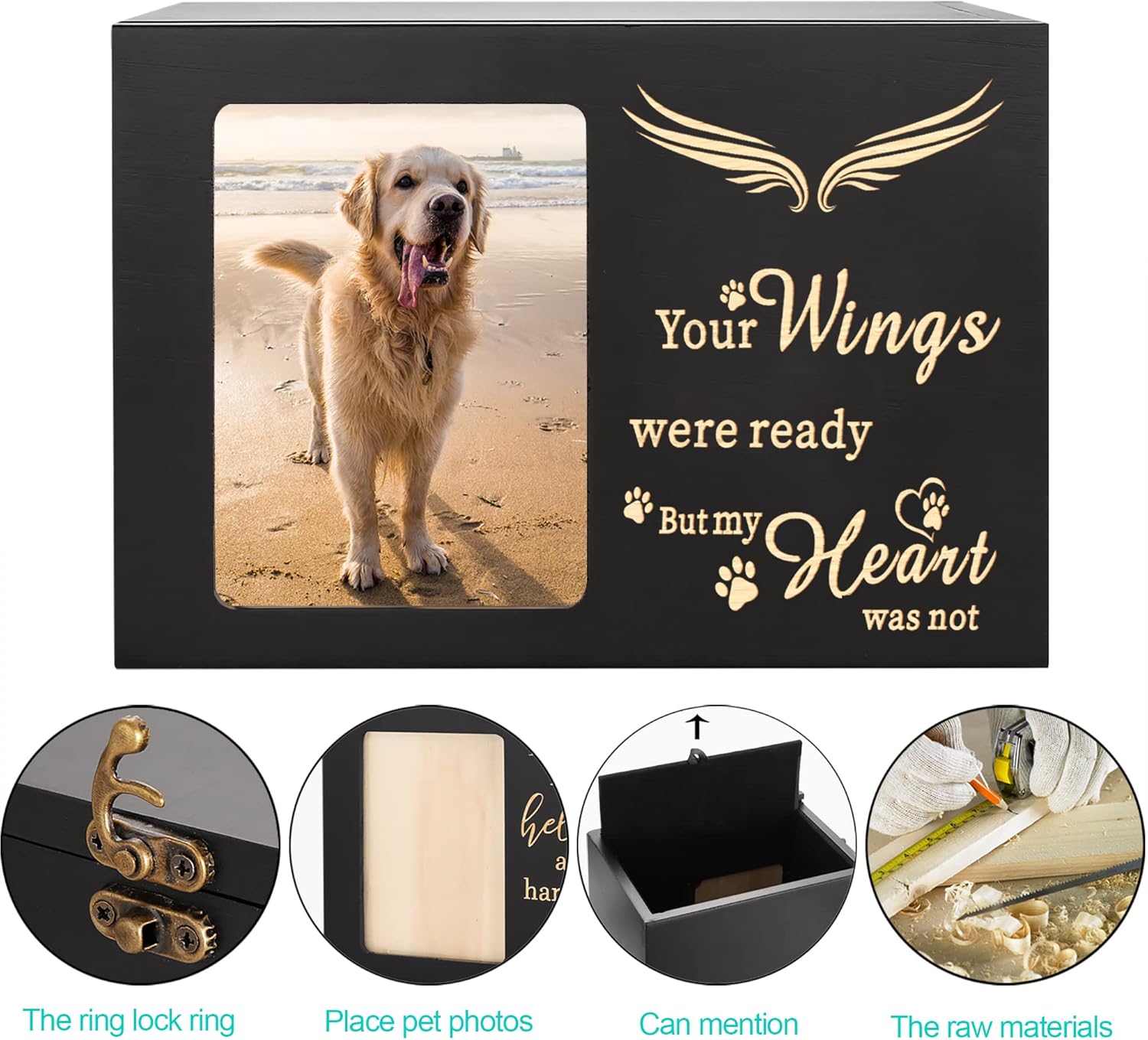 Pet Memorial Urns for Dog or Cat Ashes - Large Wooden Funeral Cremation Urns with Photo Frame, Keepsake Memory Box with Black Flannel Lining - Image 3