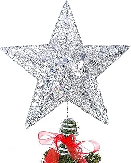 KEYIDO Christmas Tree Topper, Silver 3D Hollow Glitter Tree Star, 8 Inch Metal Christmas Treetop Star for Xmas Tree Topper Ornaments Christmas Home Decorations