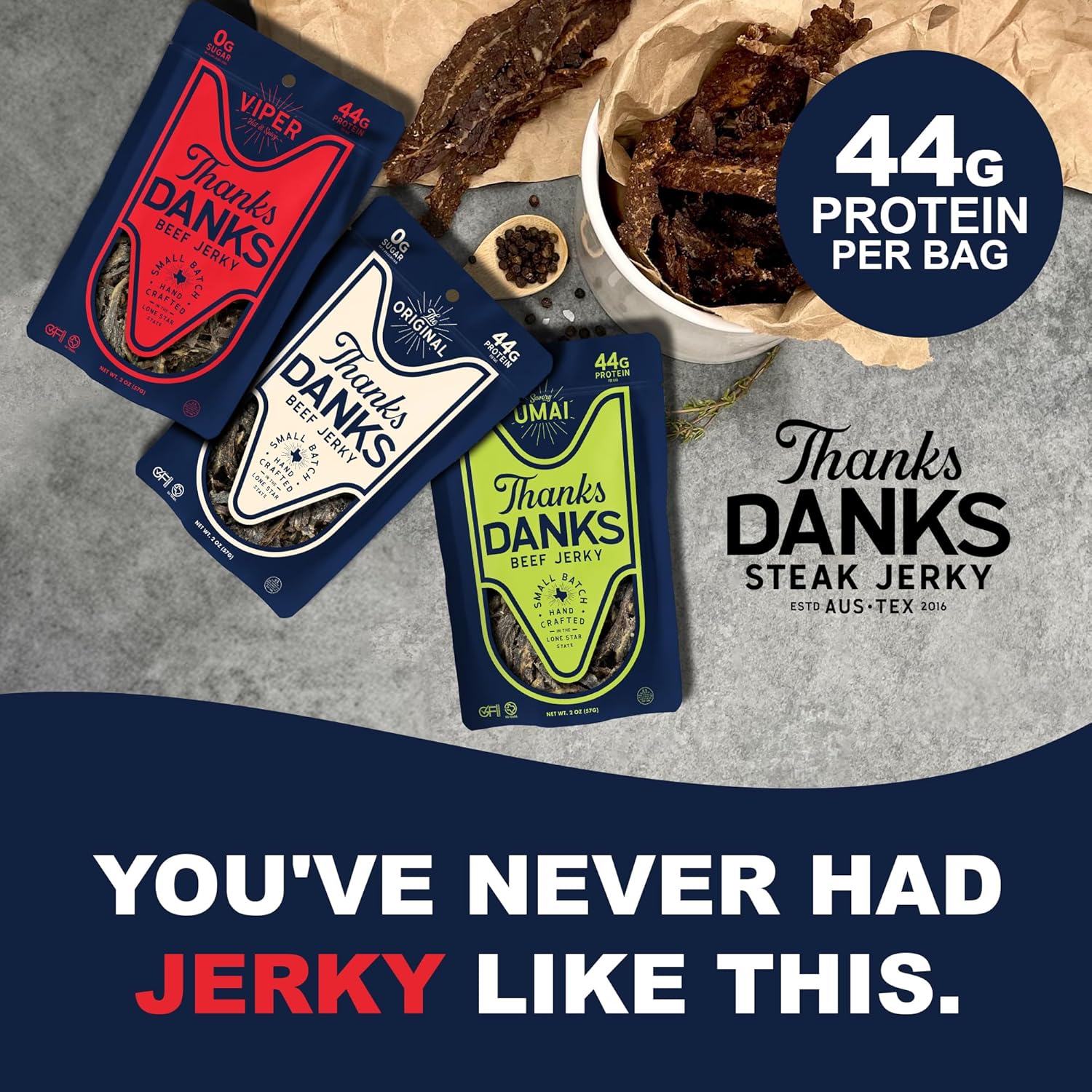 Thanks Danks - Variety Pack (The Original, Viper, Umai) - Small Batch Grass-Fed Steak Jerky - Sugar Free, Gluten Free, Nitrate Free, No GMO - 57g (3 Flavors)
