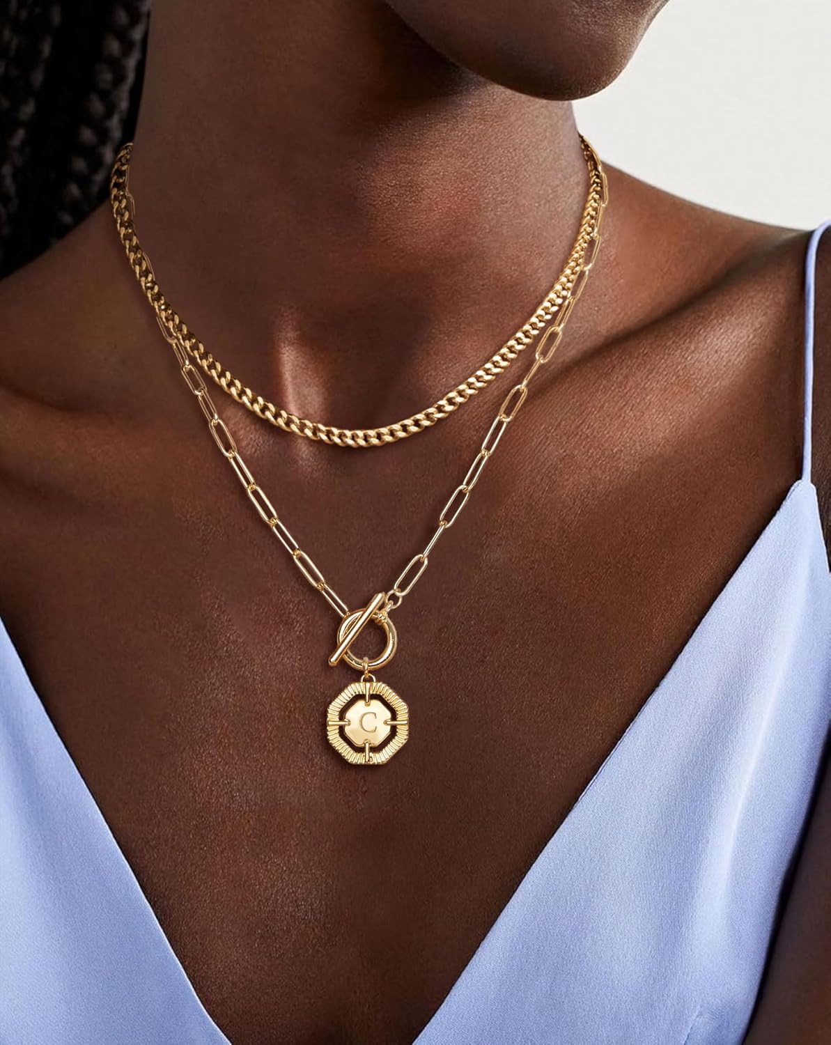 Layered Initial Necklaces for Women 14K Gold Plated Stackable Chunky Cuban Chain Choker Necklace Coin Letter Pendant Necklace Personalized Name Necklaces for Women Trendy Gold Jewelry Gift for Her - Image 2