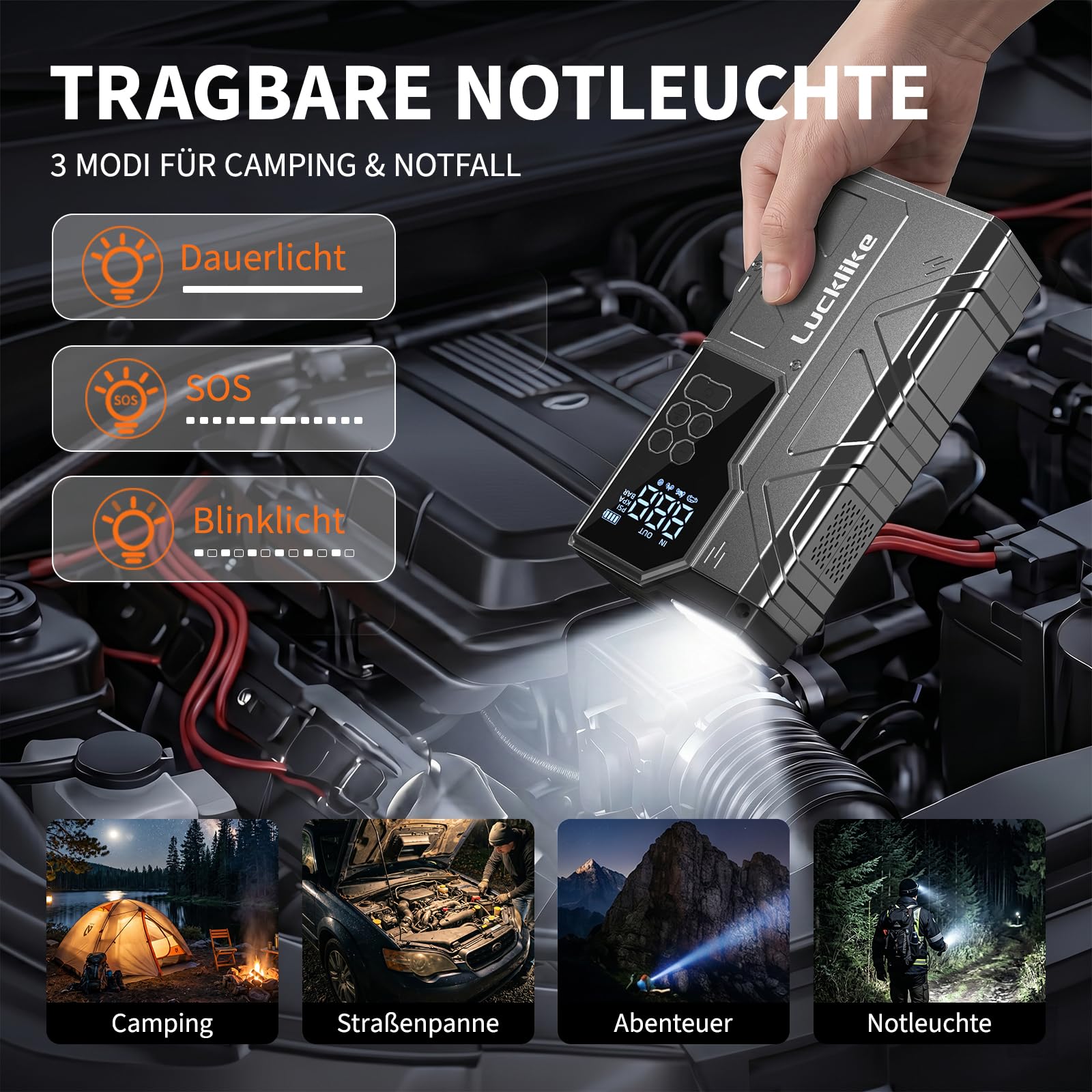LUCKLIKE W210 Starthilfe Powerbank, 12V Jump Starter mit Luftkompressor | 7000A Tragbarer Booster Starthilfegerät für All Benzin/12.0L Diesel, 150PSI Luftpumpe, mit LED Taschenlampe Starterkabel