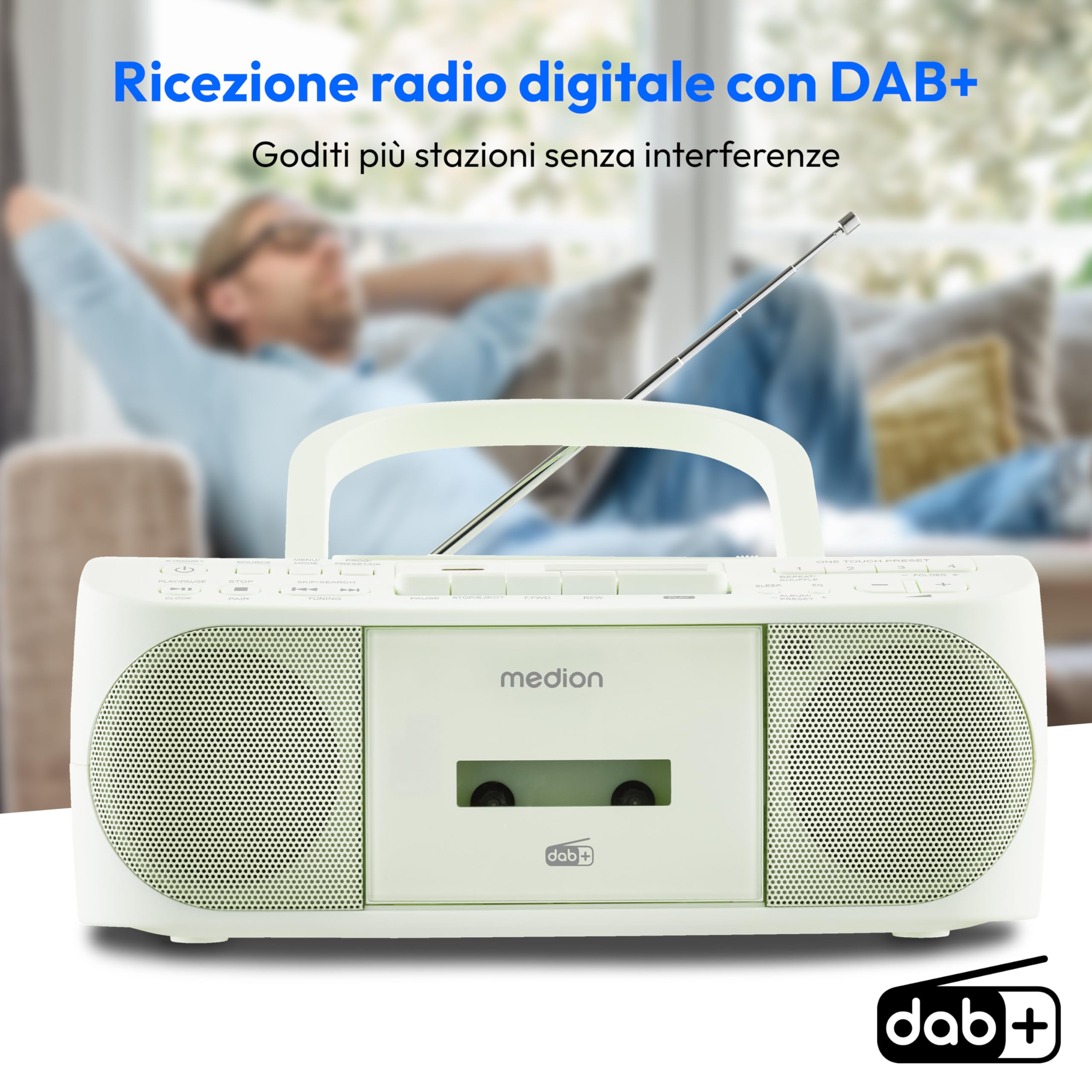 MEDION DRX-1 Plus Boombox (radio portatile DAB+ e FM, Bluetooth, lettore CD, MP3, cassetta, uscita cuffie, stereo, AUX, alimentazione rete & batteria) verde