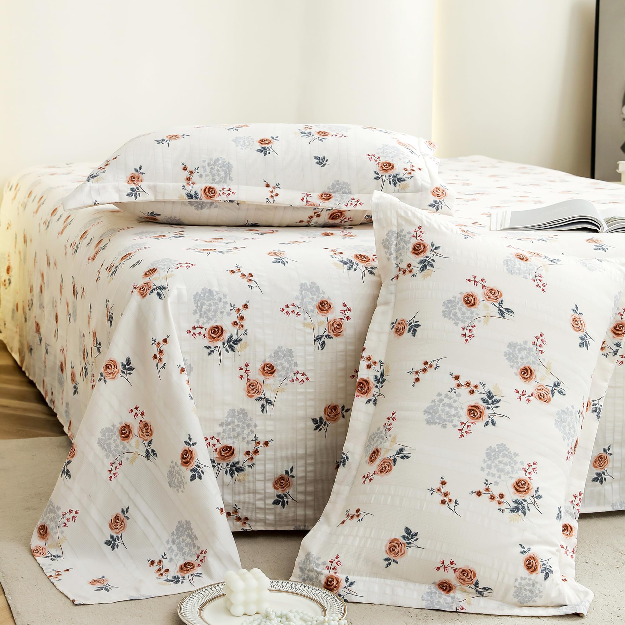 Story@Home King Size Bedsheet | Cloud Cotton Flatsheet King Size with Two Pillow Covers| Super Soft Bed Sheet for King Size Bed | Floral Design (270 x 250 cm, White & Brown)
