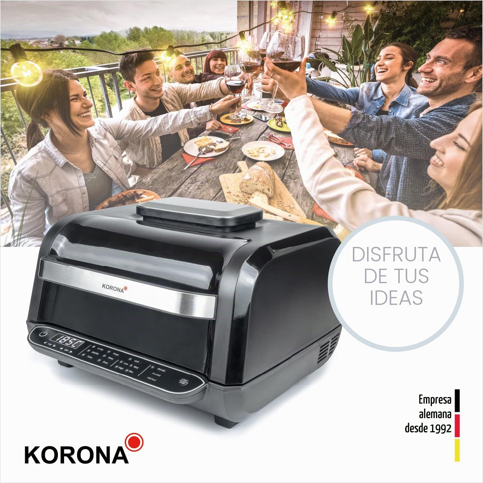 Korona 46160 Barbacoa y freidora de aire caliente | 6 litros | 8 funciones – Freidora de aire caliente, horno, horno de pizza, deshidratador, función asado, barbacoa, 4 niveles de cocción, rejilla