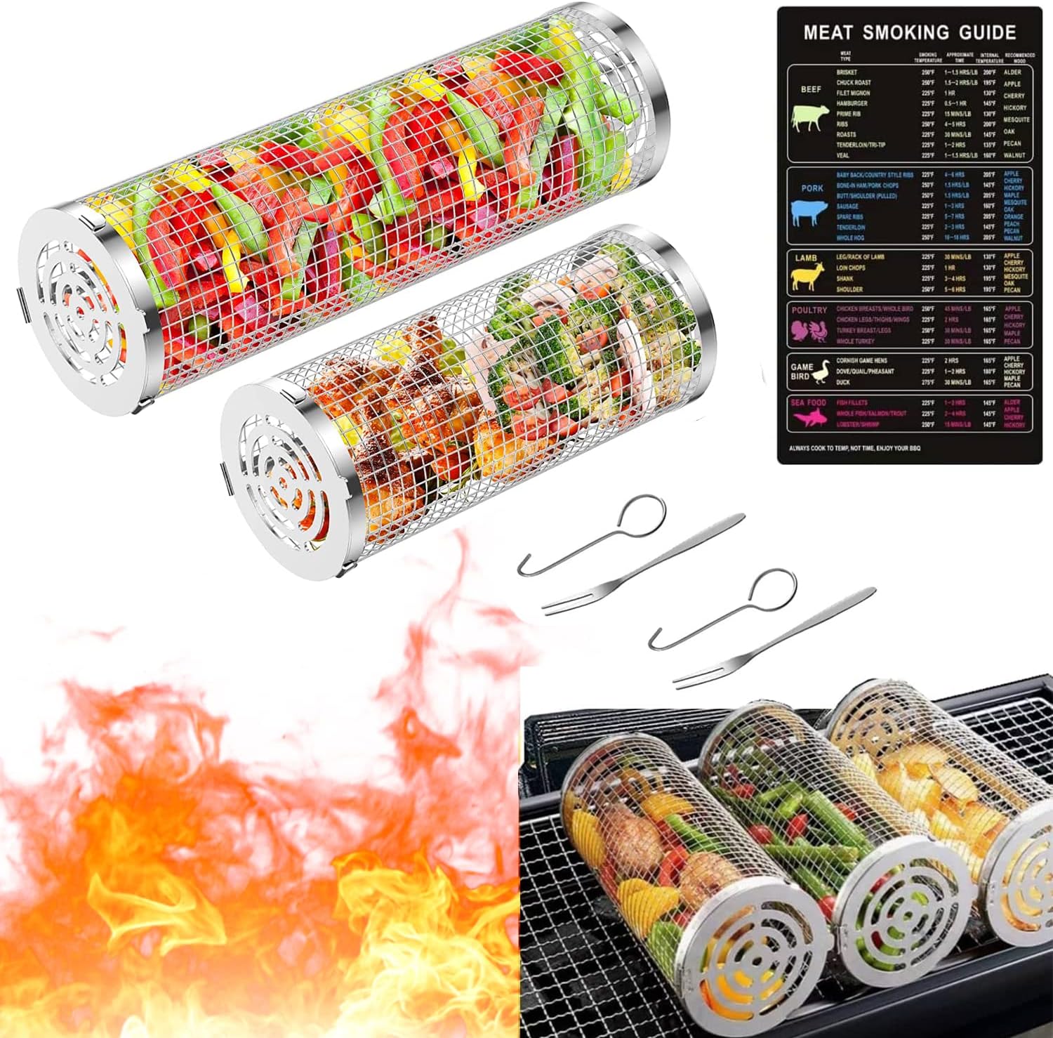 Rolling Grilling Basket for Outdoor Grill, Barbecue Basket, Round