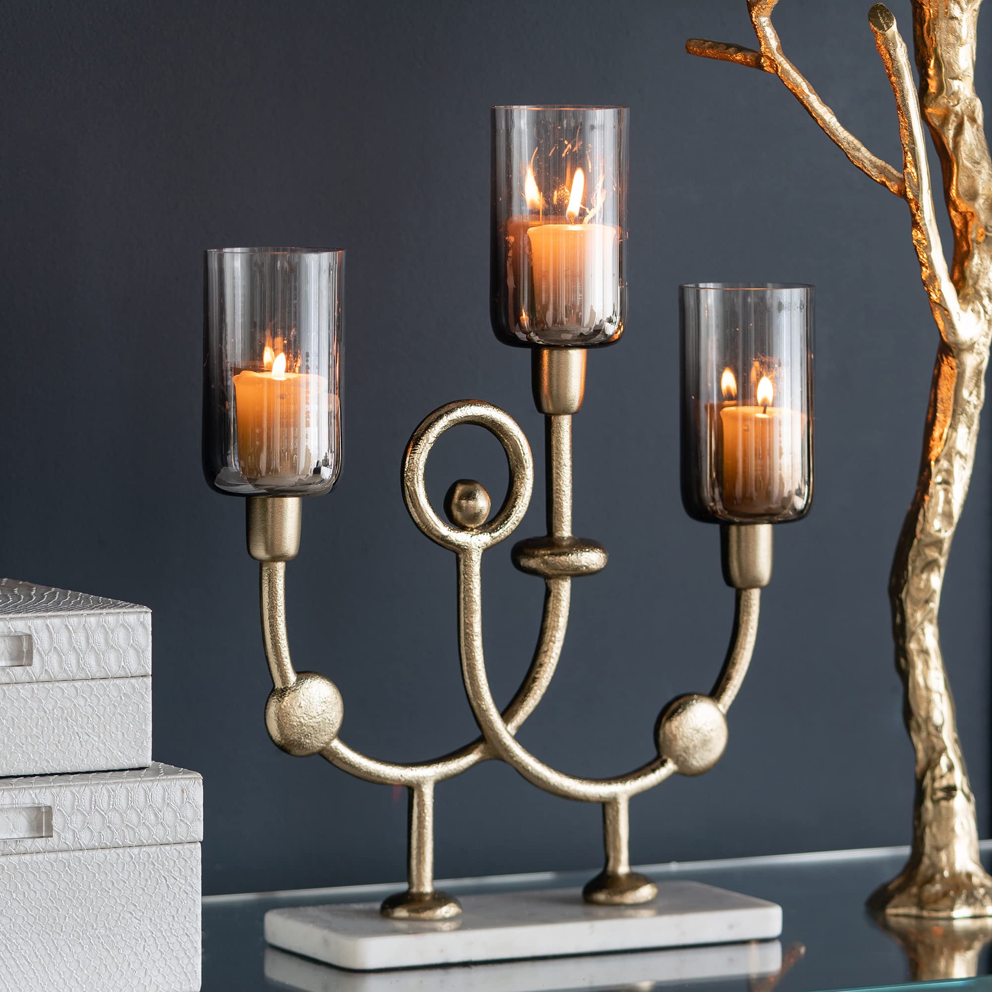 A&B Home Gold Arch Candle Holder - Arched 3 Piece Aluminum Candle Holder with Marble Base, Decorative Candle Holder, Living Room Entryway Console Table Accent Piece, 14