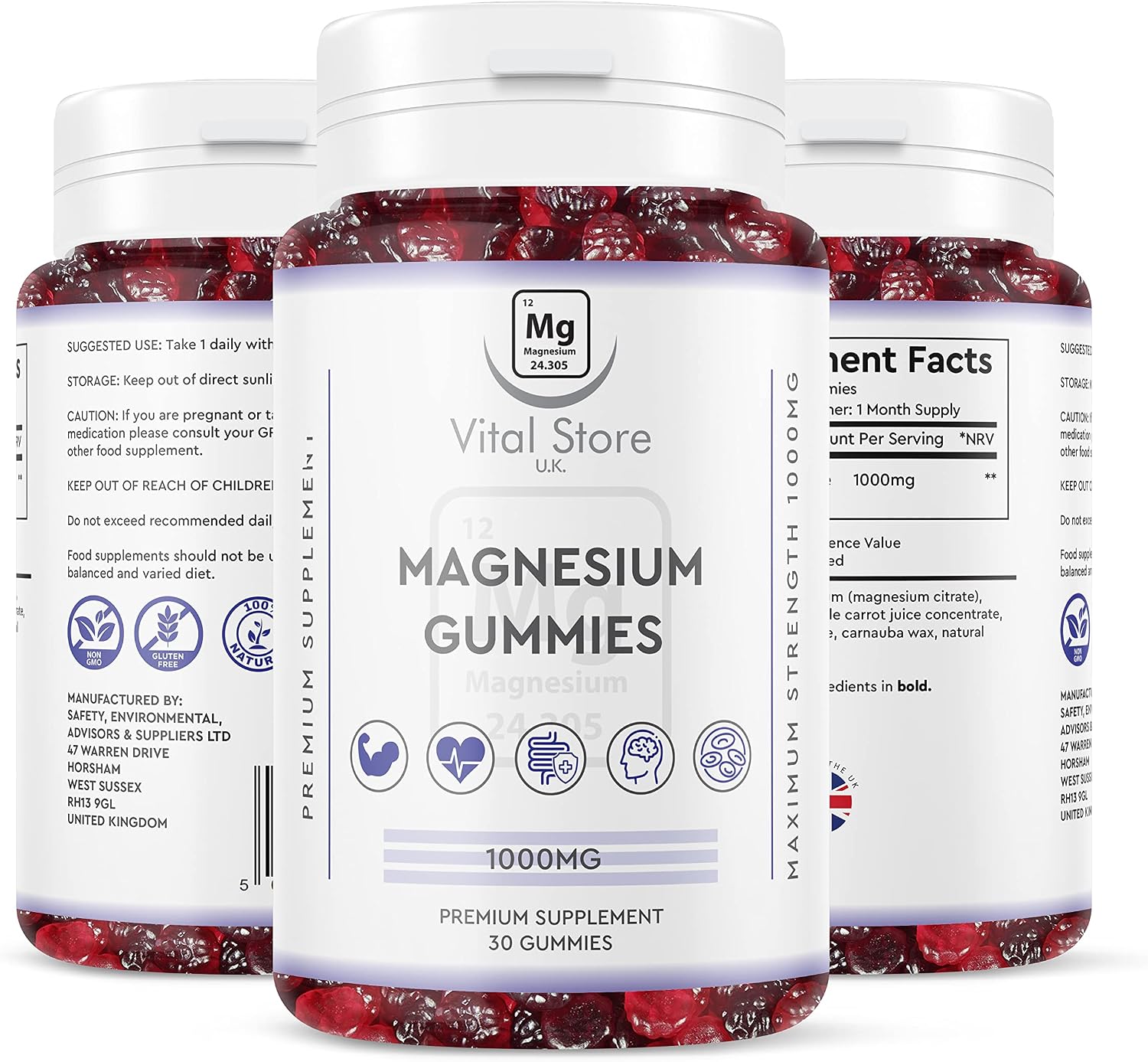 Magnesium Gummies 1000MG – Vegan 1 Month Supply – Berry Flavour – High Strength Magnesium Gummies – Magnesium Supplements, 30 Count (Pack of 1)