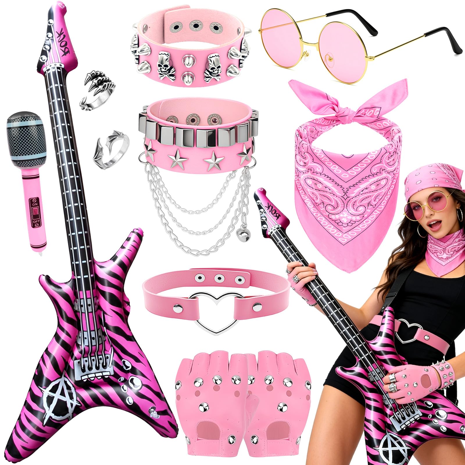 Lrrtdepy Pink Punk Rock Costume Accessories Set for Women, Rock Star Fancy Dress Outfit with Inflatable Guitar Studded Gloves Choker Bandana Sunglasses Rings for Halloween Music Festival Cosplay