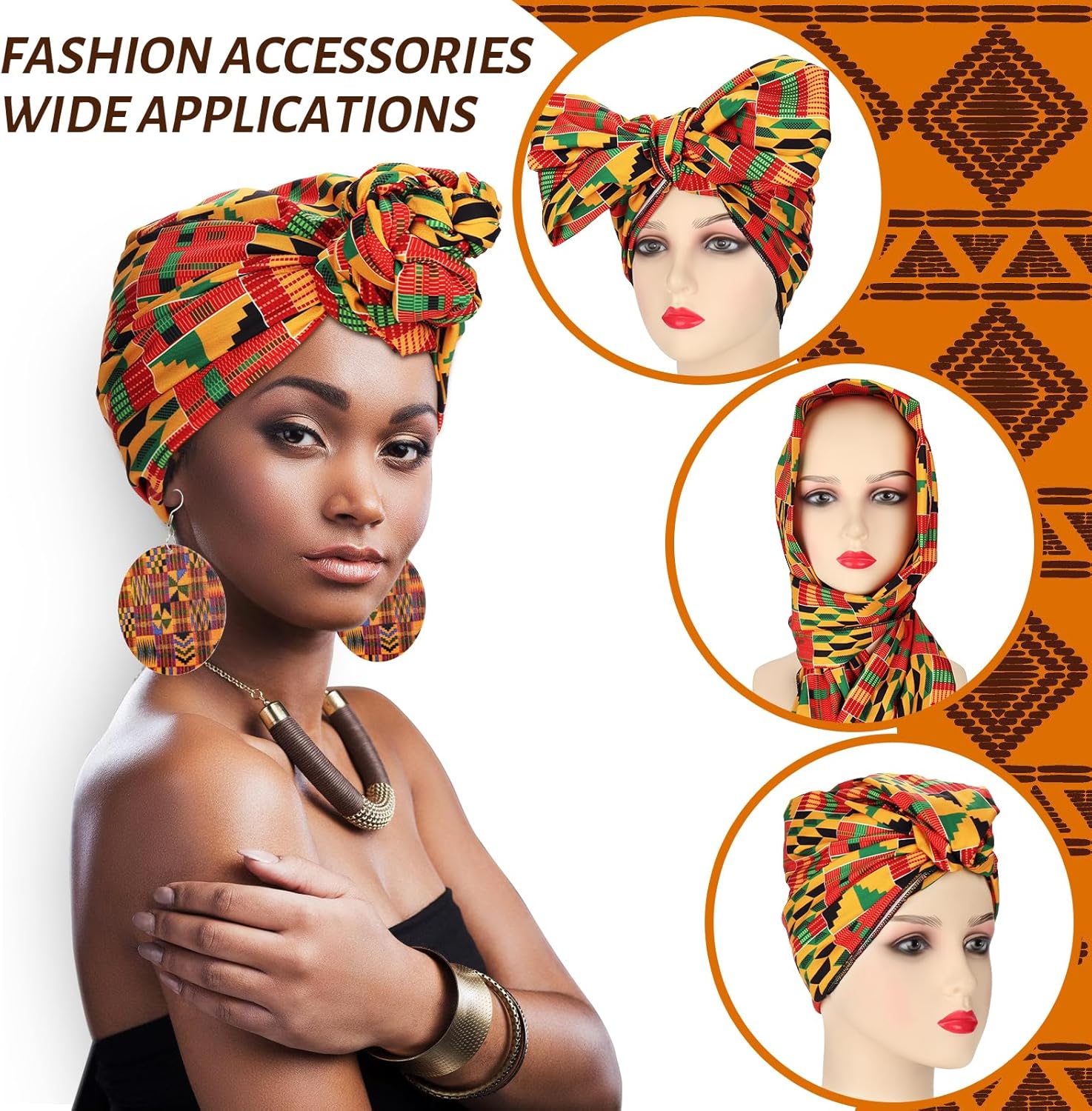 3 Pcs Women African Print Skirt Traditional Dashiki Costume African Dress Head Wraps Scarf Drop Dangle Earrings - Image 3