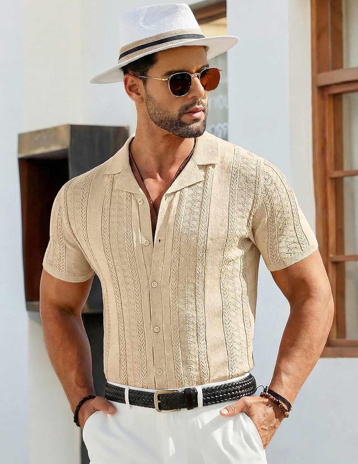 COOFANDY Men's Knit Shirts Vintage Short Sleeve Button Down Shirt Casual Summer Beach Shirt - Image 2