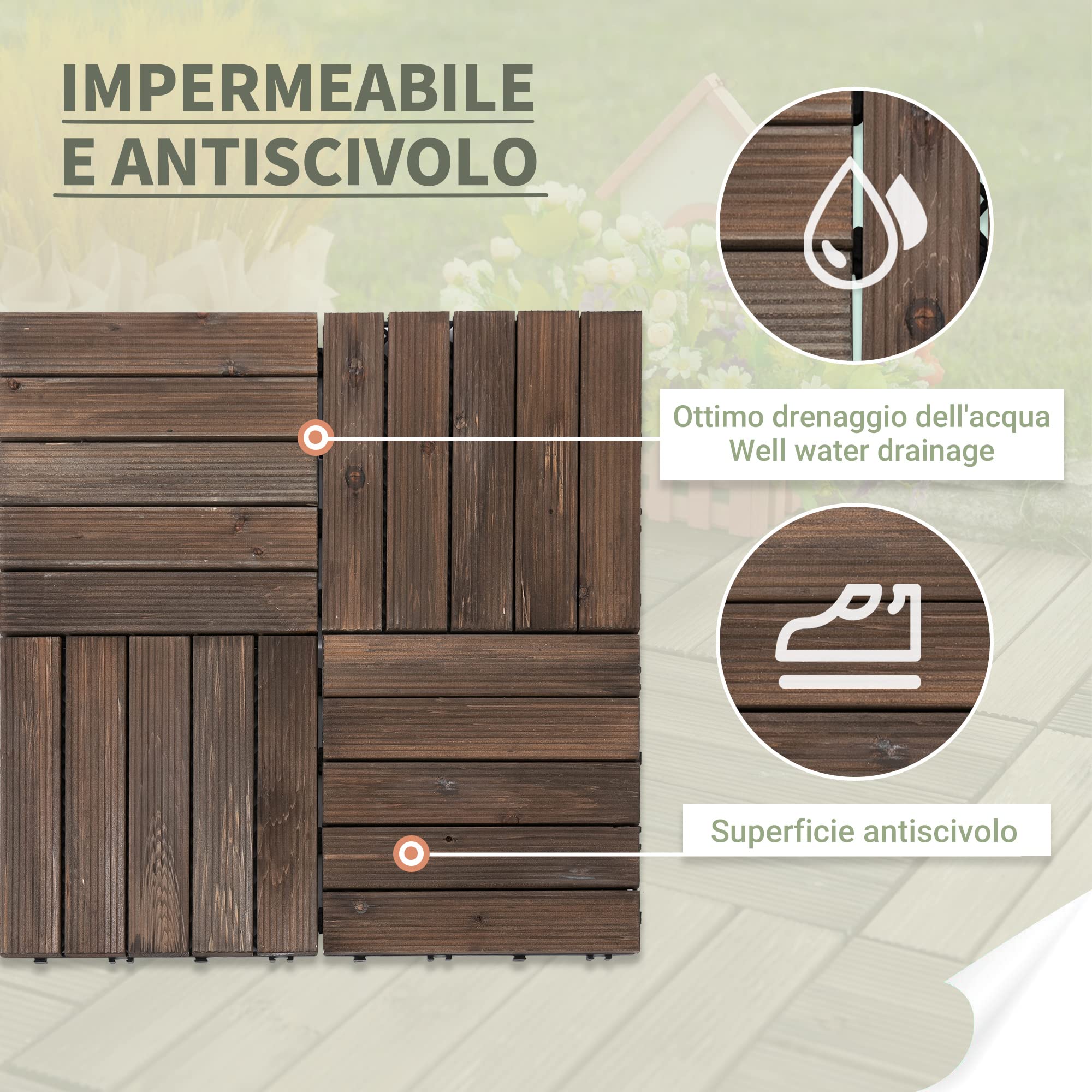 Outsunny Piastrelle per Esterni Pavimento da Giardino in Legno, Set da 27 Pezzi, 2.5m², Montaggio a Incastro, 30x30cm, Nero