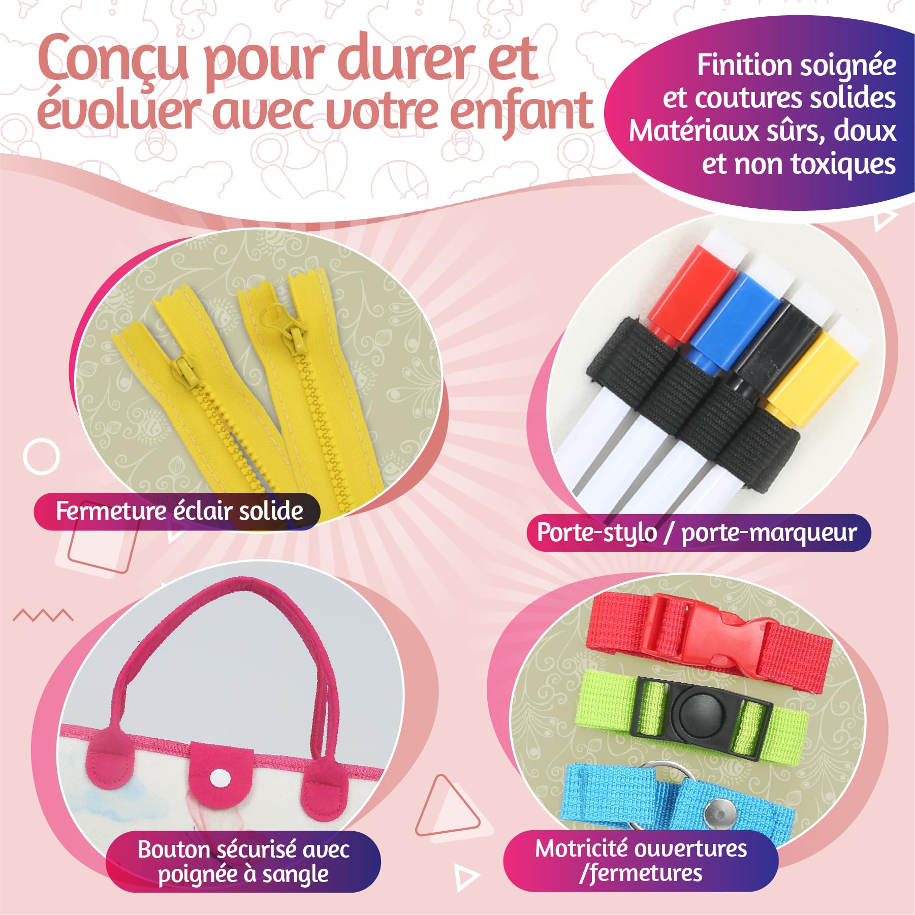 BusyBoard Montessori Français – Livre d’Activités Éducatif & Sensoriel – 2-6 Ans – 10 Pages Interactives – Montessori Authentique – Animaux, Formes, Lettres & Motricité (Rose)
