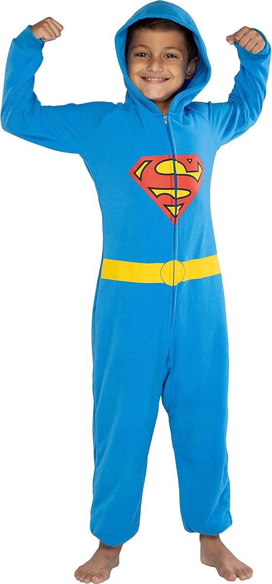 DC Comics Big Boys' Superhero Character Hooded Union Suit Footless Pajamas Costume (Superman, S/M)