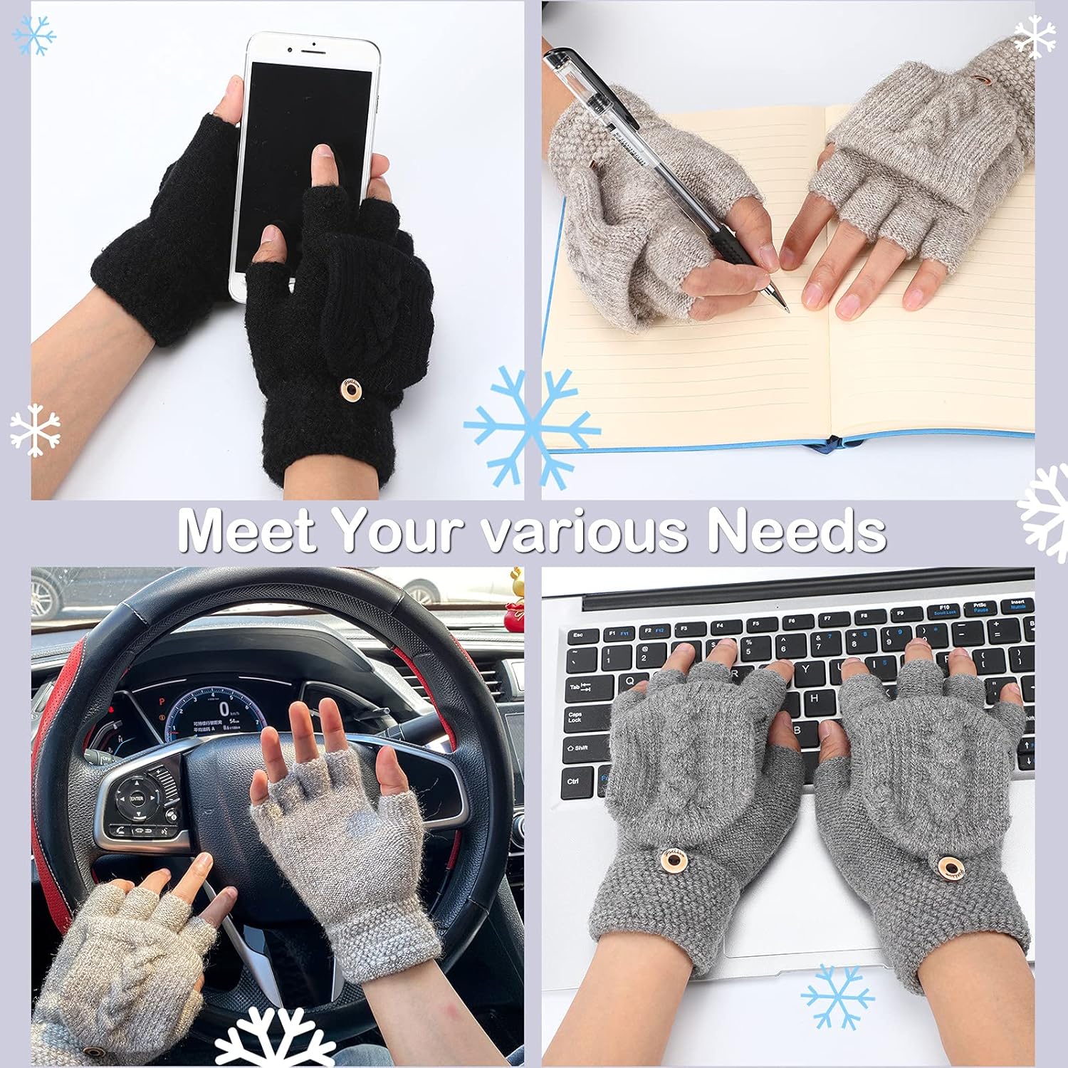 3 Pairs Women's Gloves Mittens with Finger Holes Winter Warm Fingerless Gloves Thermal Fingerless Convertible Gloves Women Texting Gloves Flap Cover at  Women’s Clothing store
