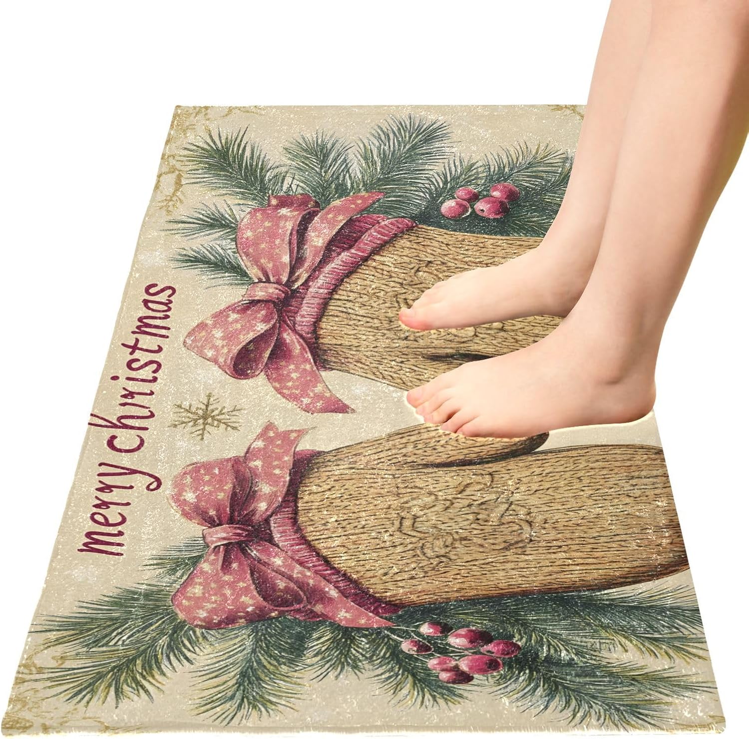 Small Area Rug Christmas Gloves Print 39x20 Inches, Anti Slip Water Absorbent Plush Fabric Floor Mat for Bathroom Living Room Bedroom Kitchen