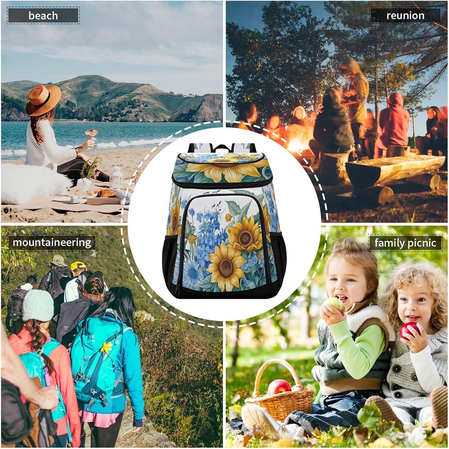 Sunflowers and Bluebells (2) Cooler Backpack 36 Cans Leakproof Waterproof Backpack Cooler Bag Beach Accessories Travel Camping Fishing Backpack for Women Men
