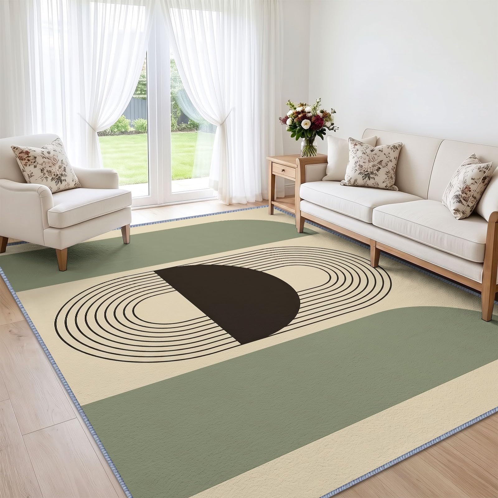 Tappeto a semicerchio marrone scuro, per soggiorno, camera da letto, corridoio, salotto, moderno, geometrico, astratto, antiscivolo, a pelo basso, non sbiadisce, morbido sotto i piedi, 80 x 150 cm