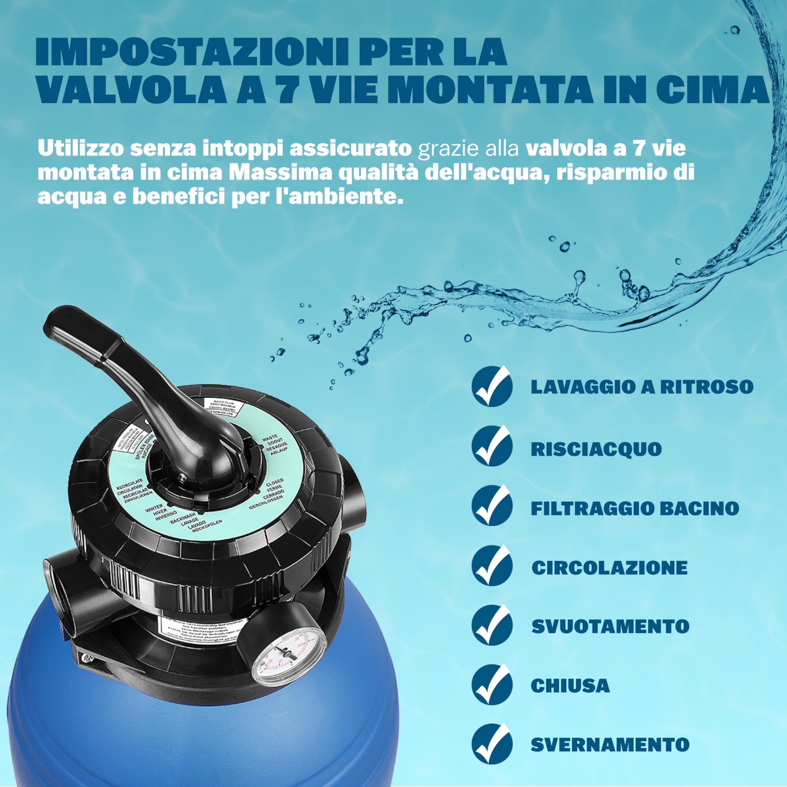 MONZANA® Filtro per Piscina a 7 vie 10.200L/h Filtrazione a Sabbia Pompa Filtraggio Serbatoio 25L