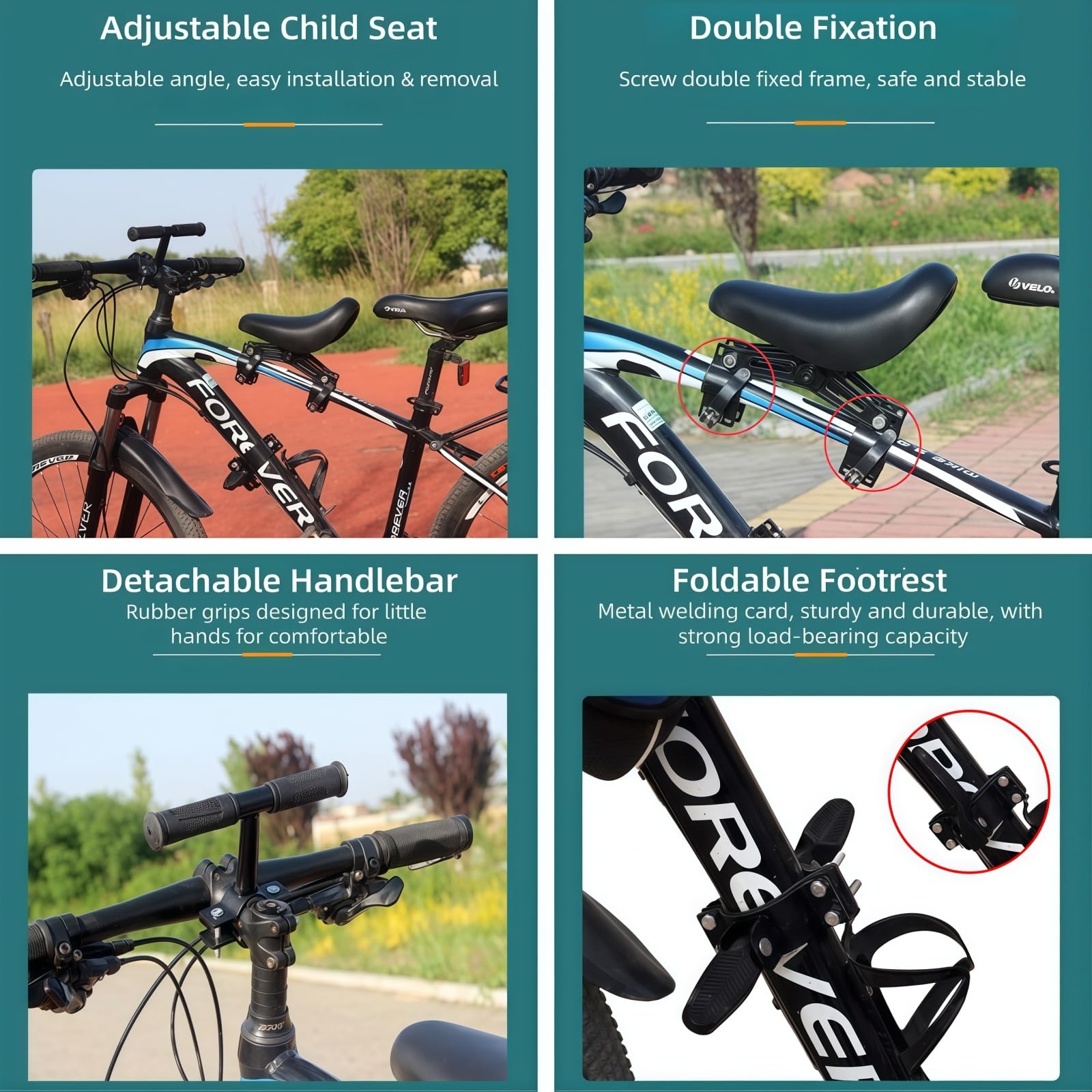 Silla infantil para bicicleta de montaña, asiento delantero con reposapiés, manillar y pedales para niños de 2 a 6 años, silla infantil delantera desmontable para la mayoría de las bicicletas modernas